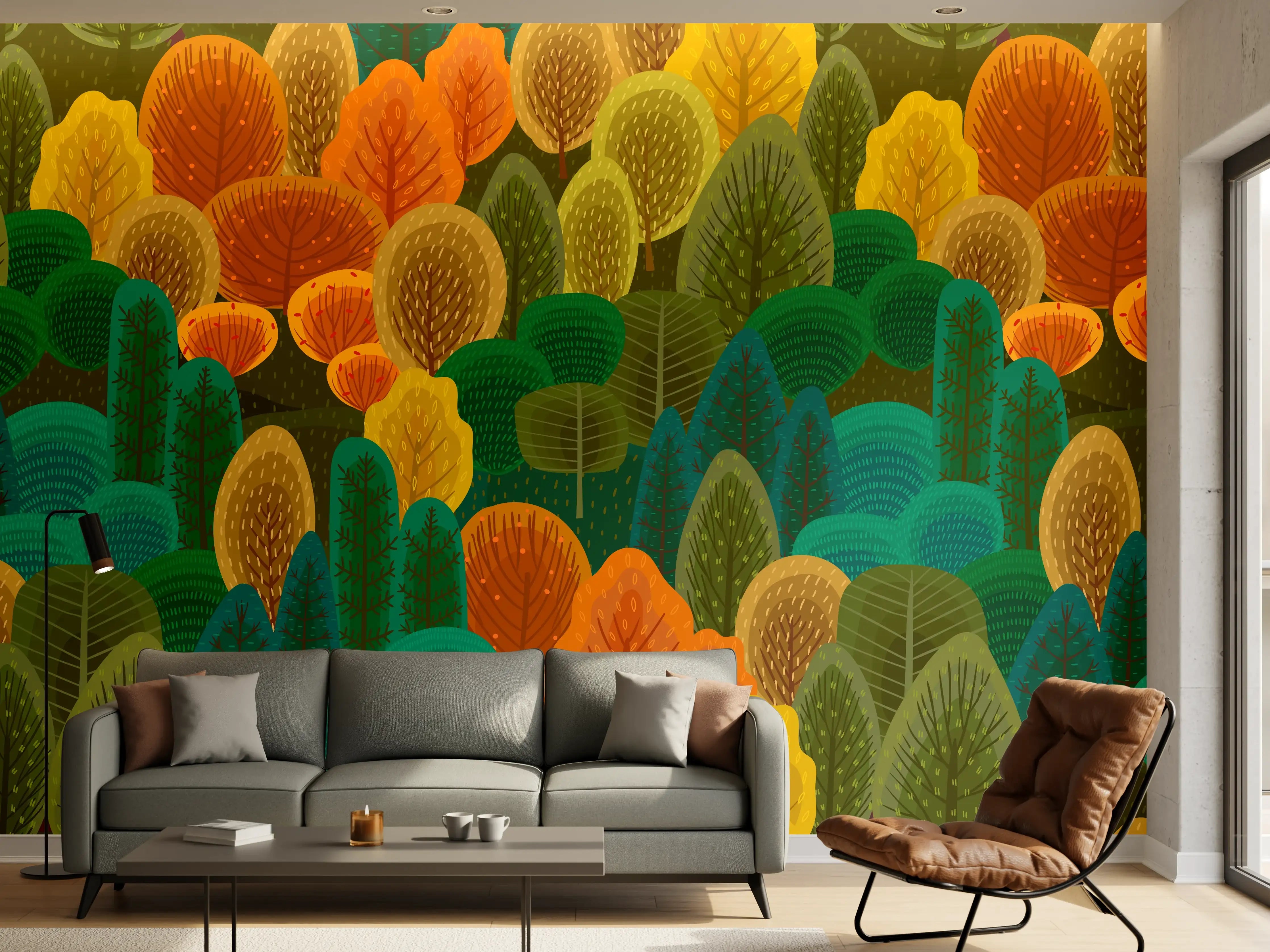 Wandverkleidung Wohnzimmer - Buntes Waldmuster Design