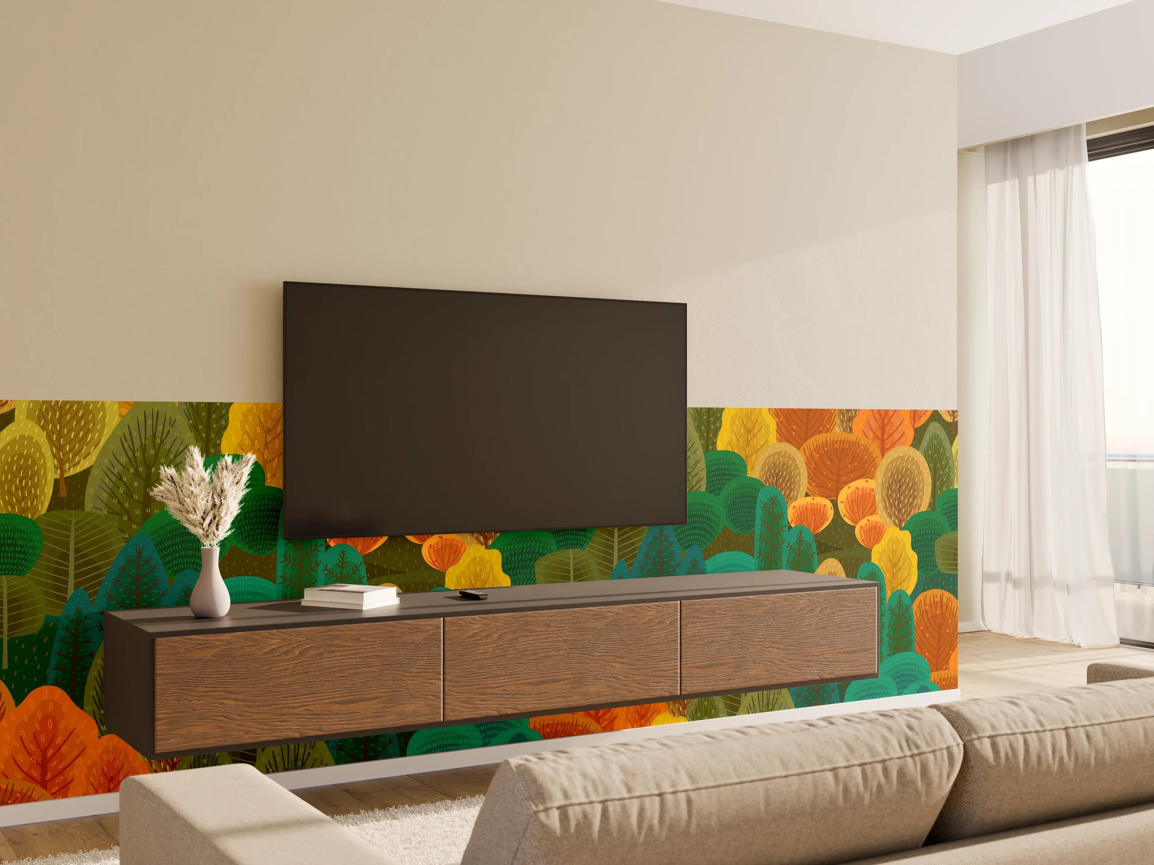 Wandverkleidung Wohnzimmer - Buntes Waldmuster Design