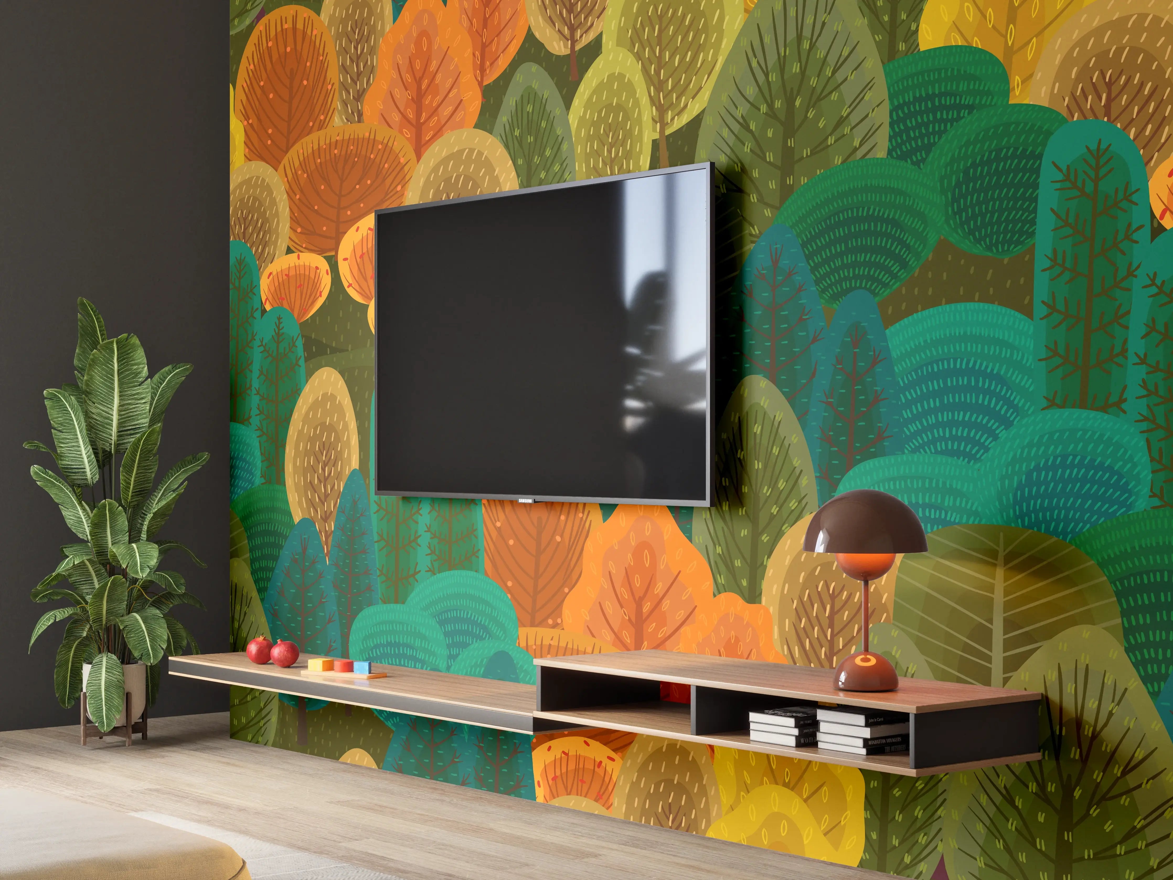 Wandverkleidung Wohnzimmer - Buntes Waldmuster Design