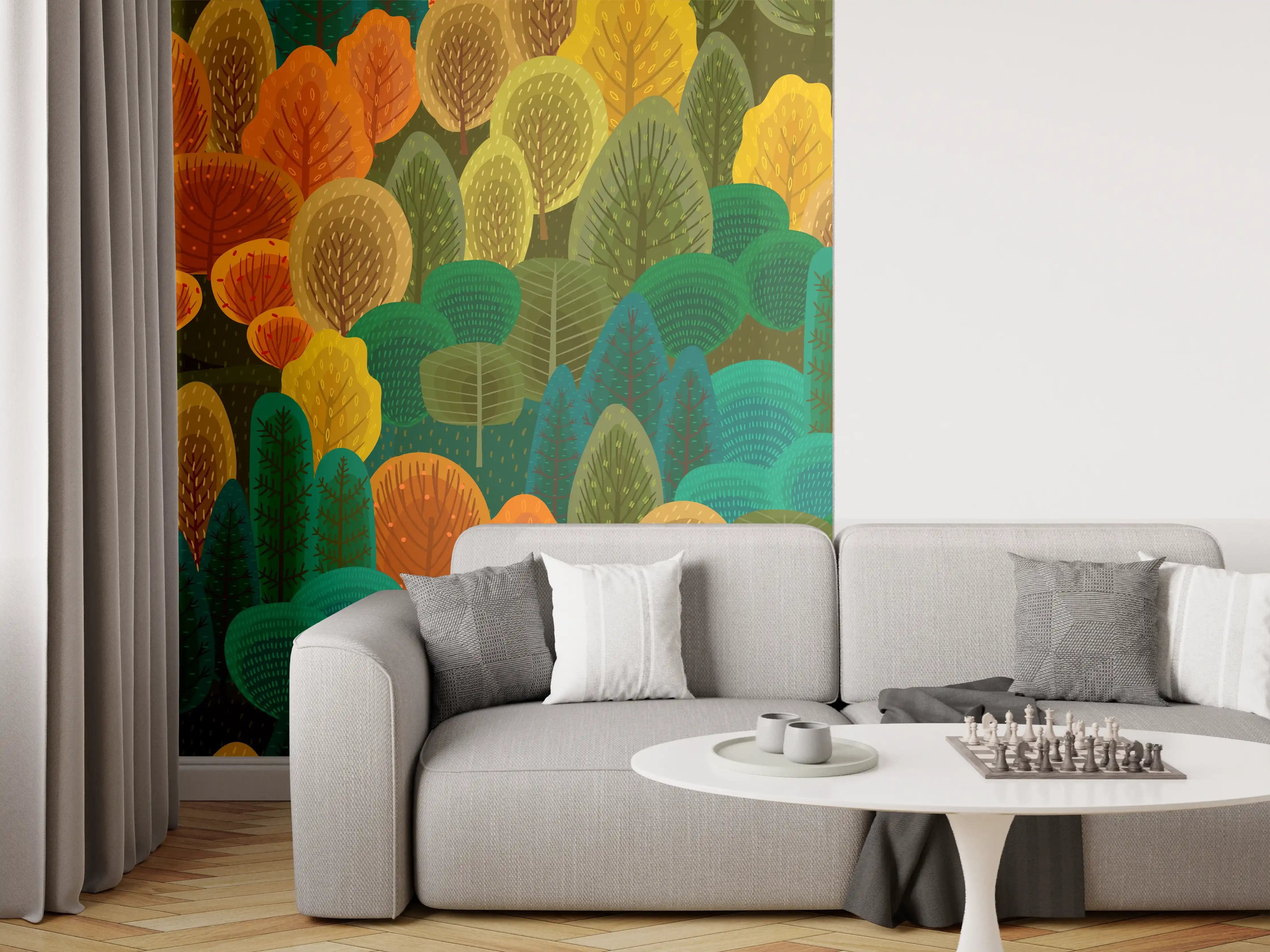Wandverkleidung Wohnzimmer - Buntes Waldmuster Design