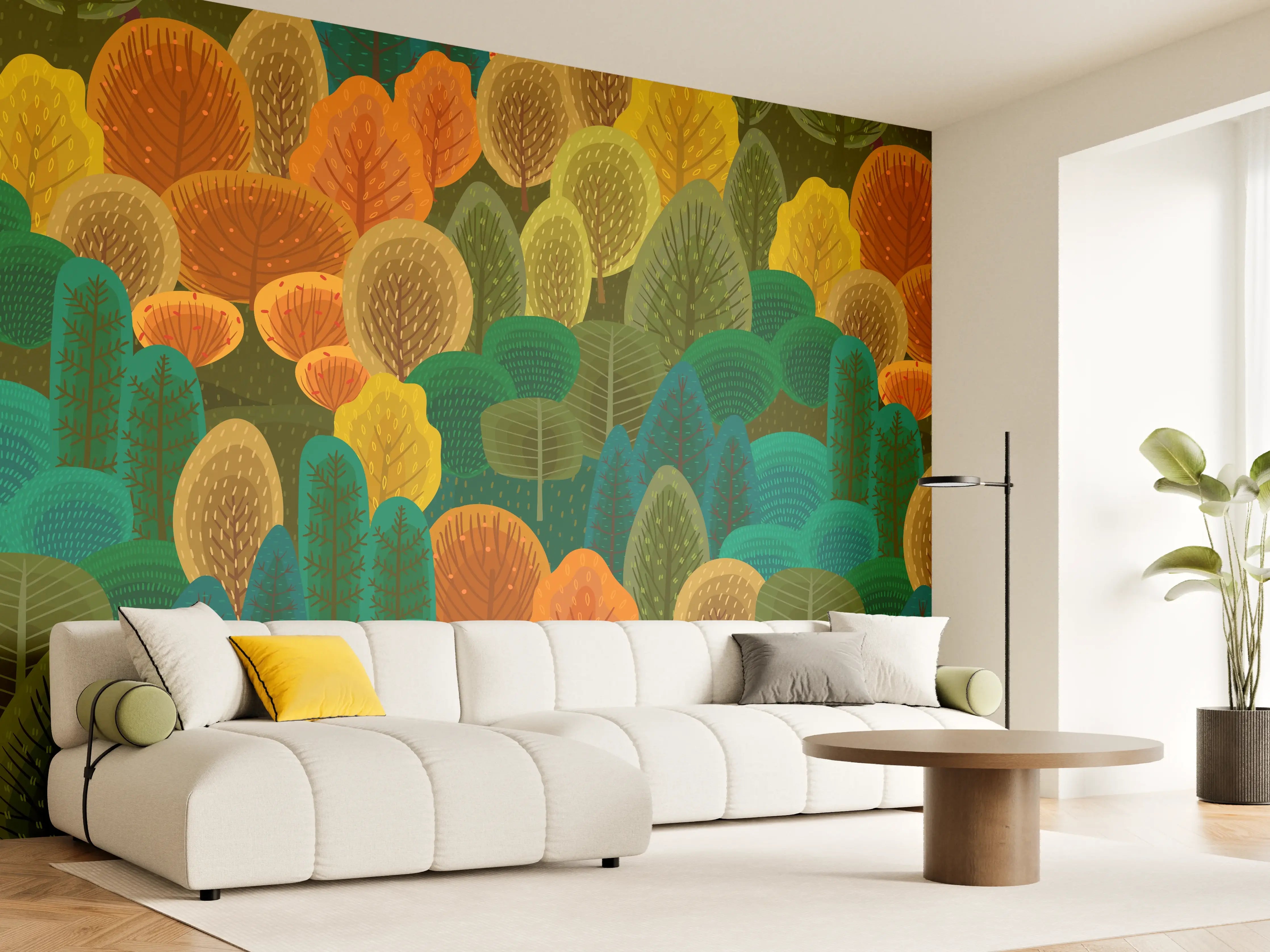 Wandverkleidung Wohnzimmer - Buntes Waldmuster Design