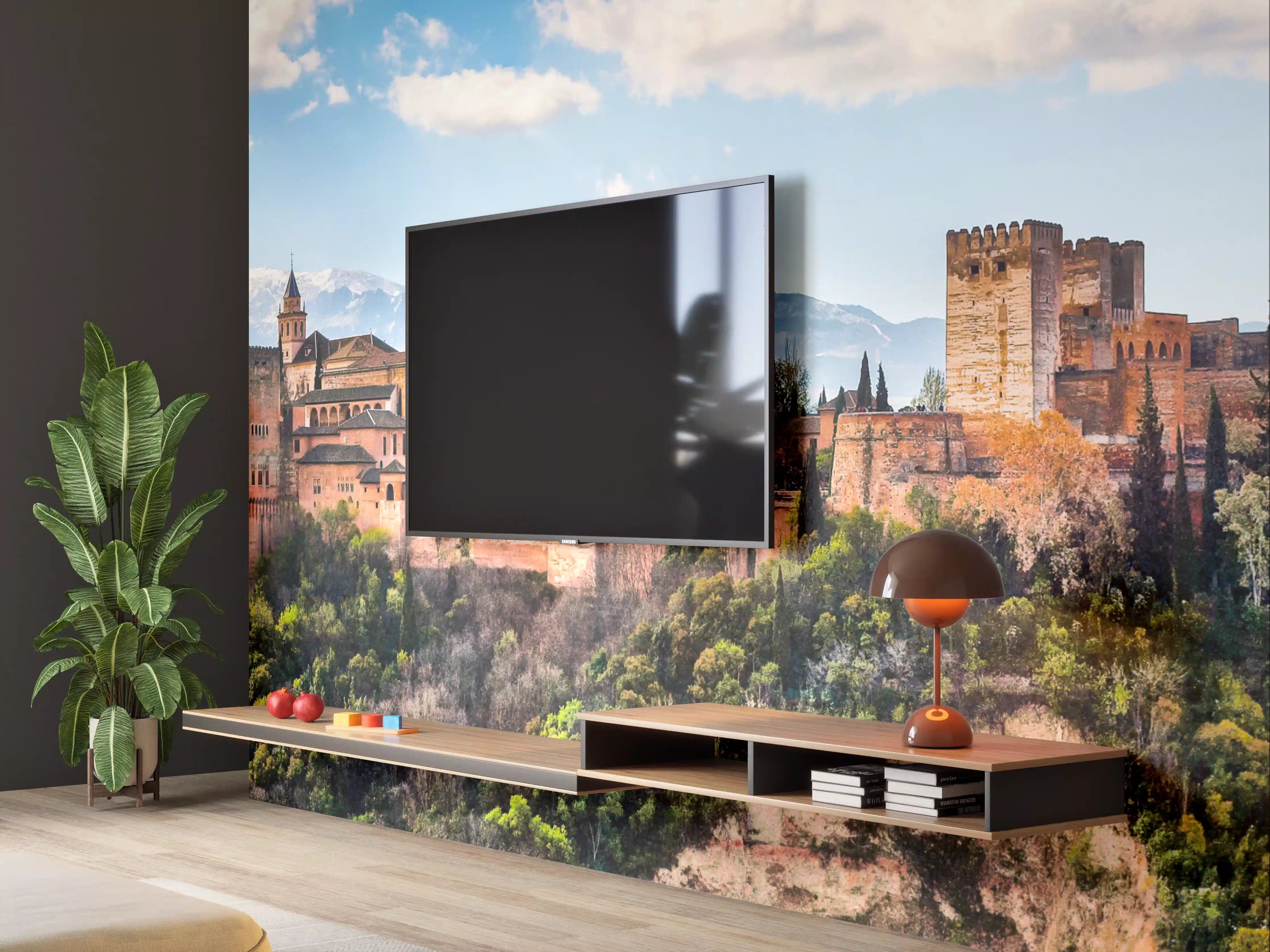Wandverkleidung Wohnzimmer - Burg auf Hügel mit Blick auf Berge