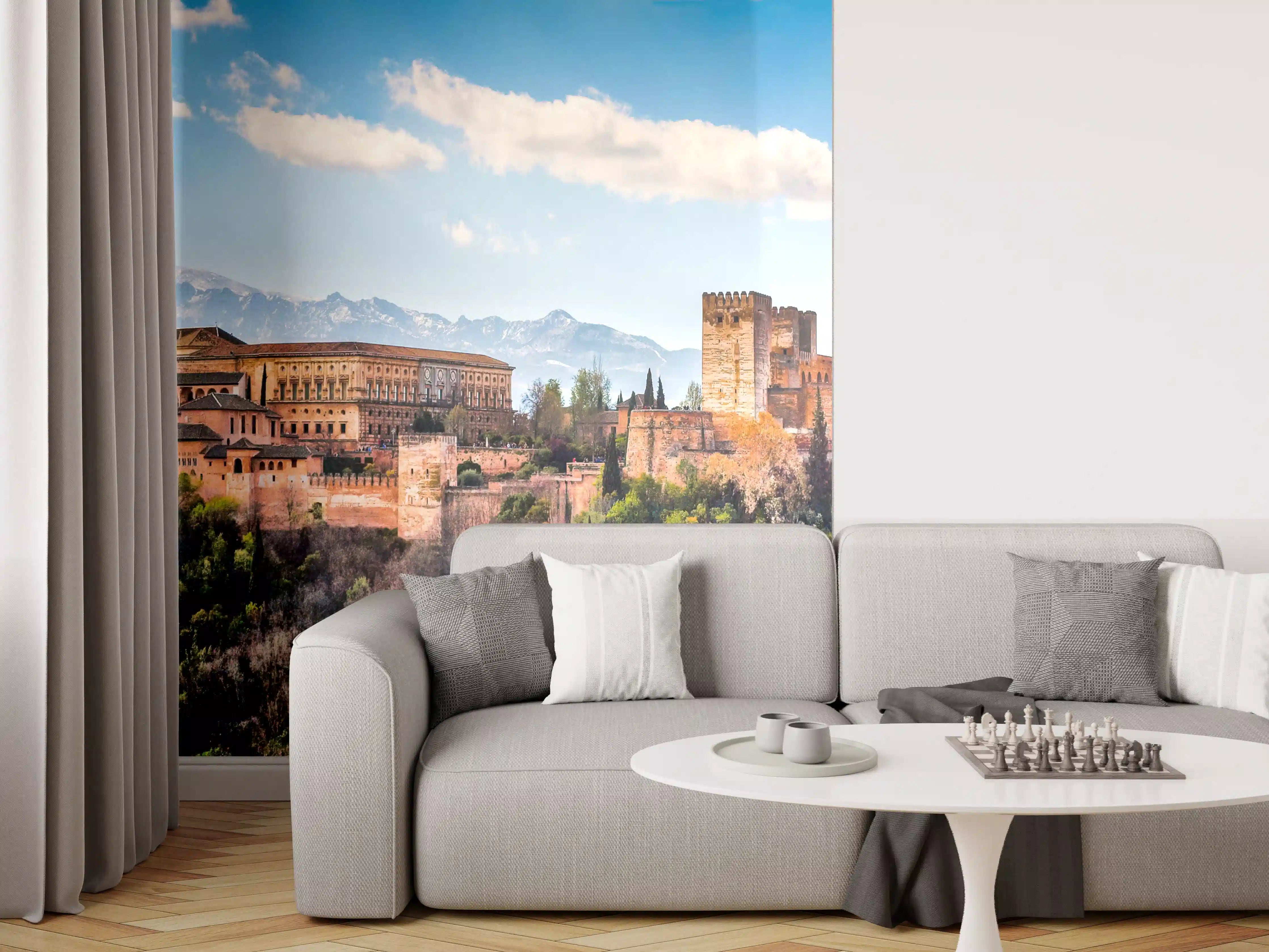 Wandverkleidung Wohnzimmer - Burg auf Hügel mit Blick auf Berge