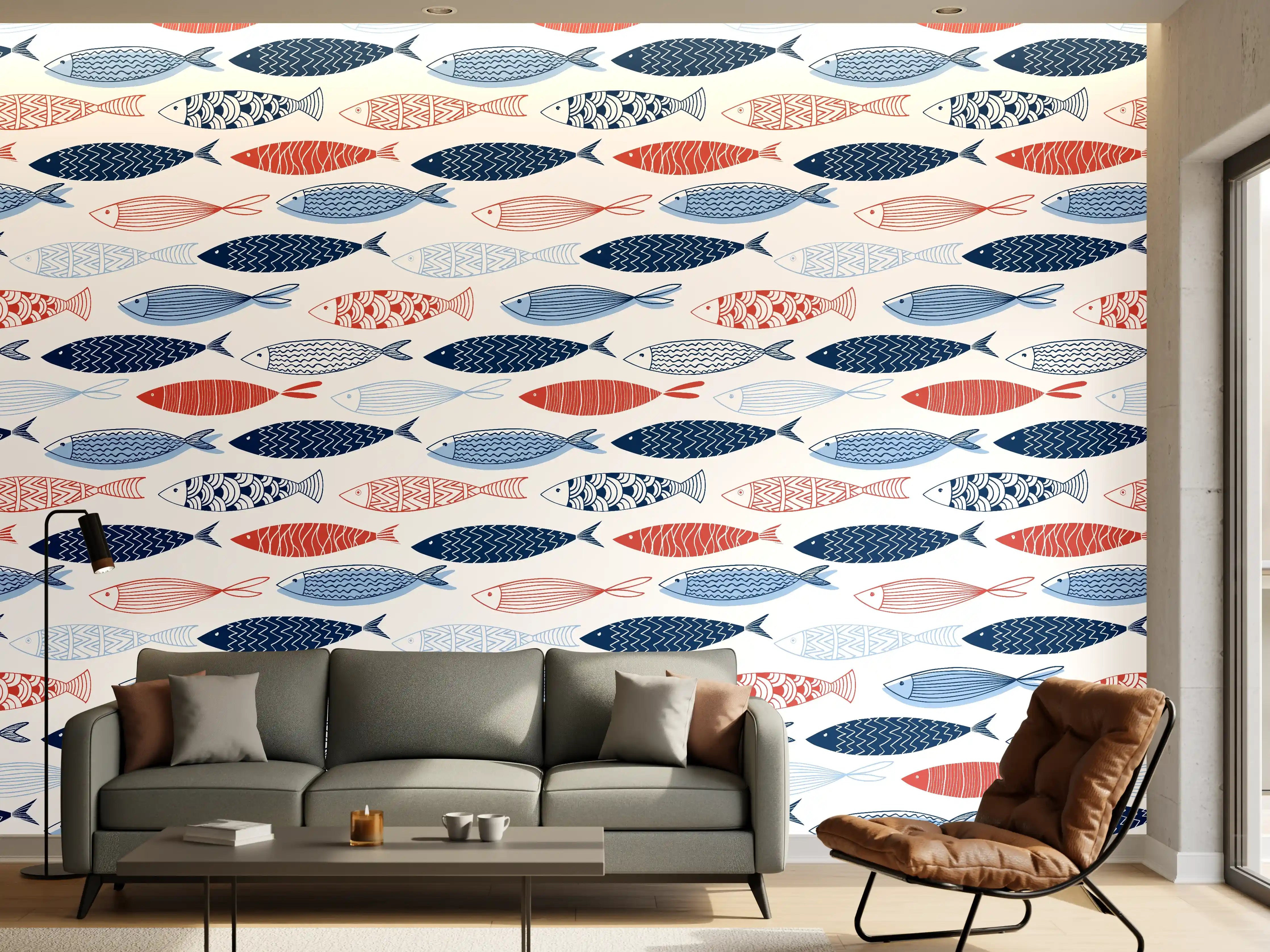 Wandverkleidung Wohnzimmer - Cartoon-Fische Blau-Rot