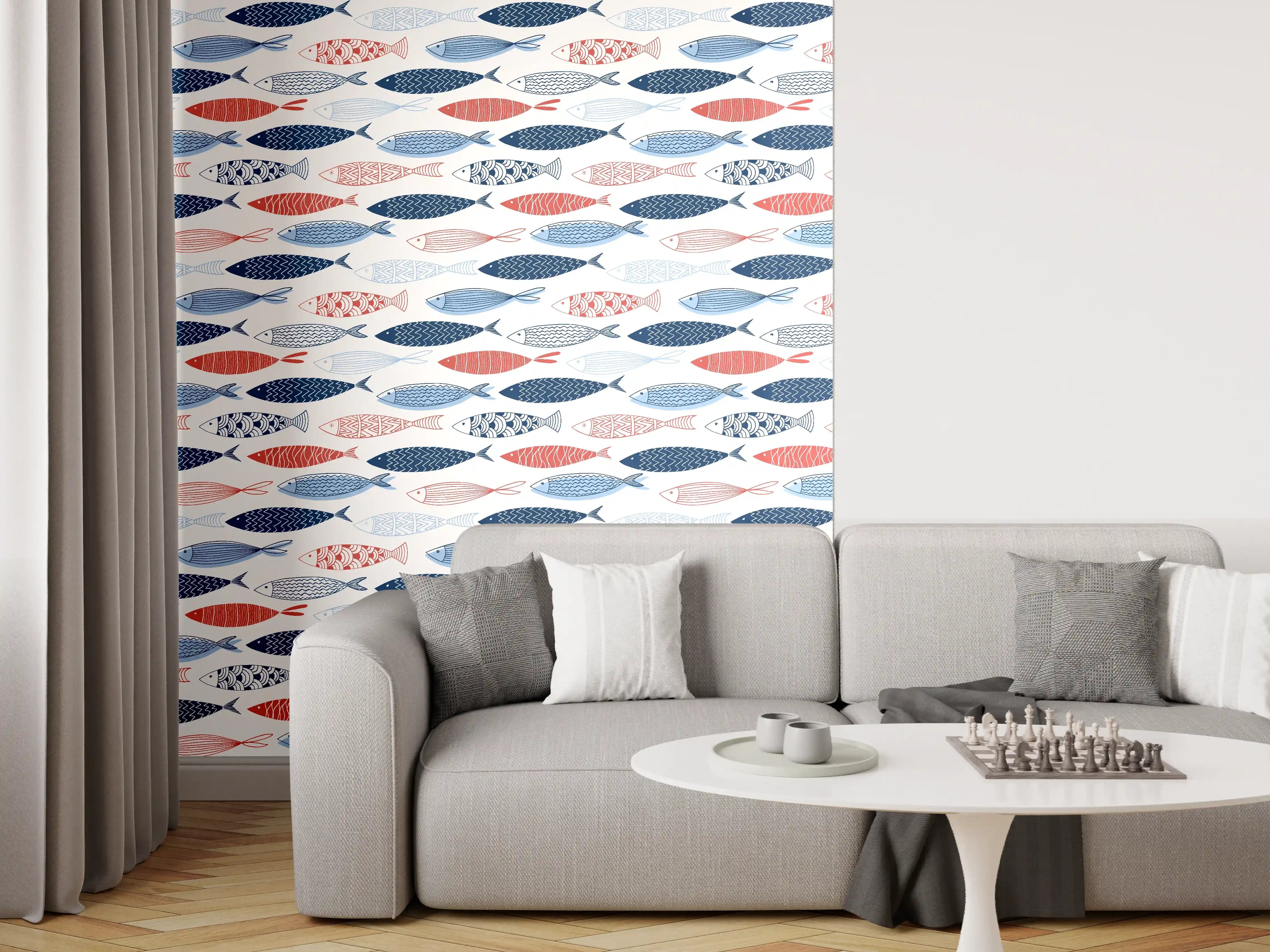 Wandverkleidung Wohnzimmer - Cartoon-Fische Blau-Rot