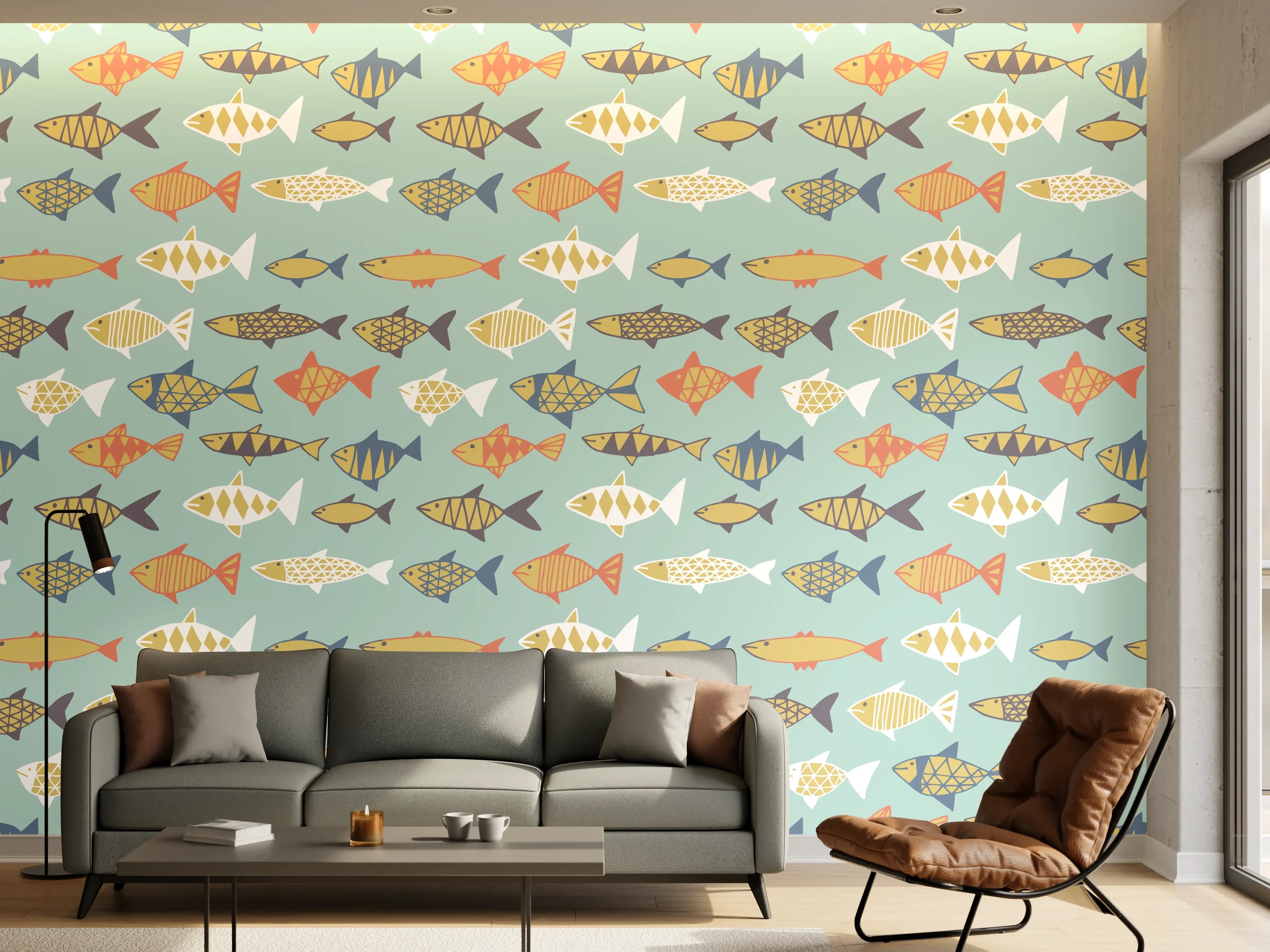 Wandverkleidung Wohnzimmer - Cartoon-Fische Türkis-Orange Muster