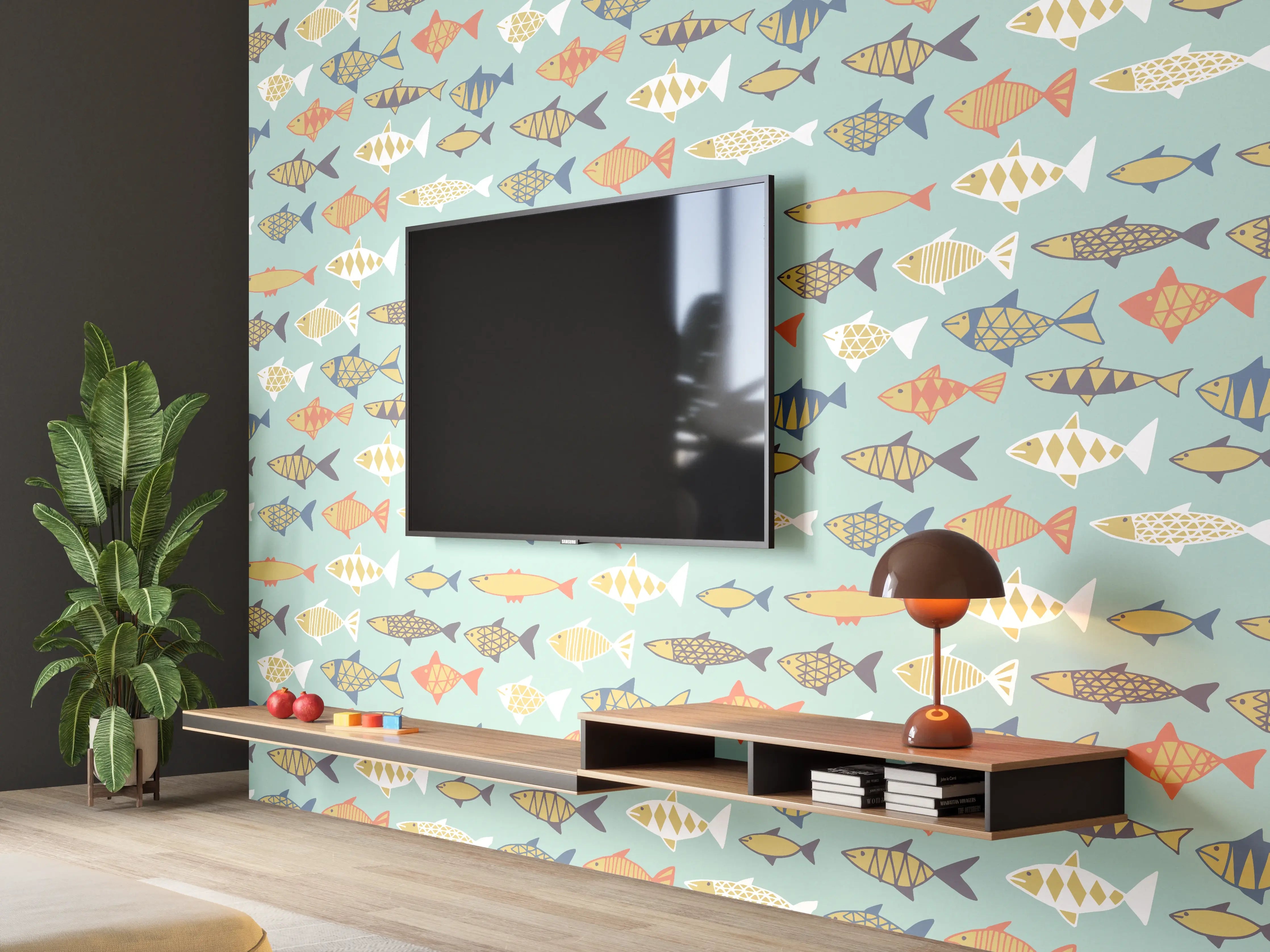 Wandverkleidung Wohnzimmer - Cartoon-Fische Türkis-Orange Muster