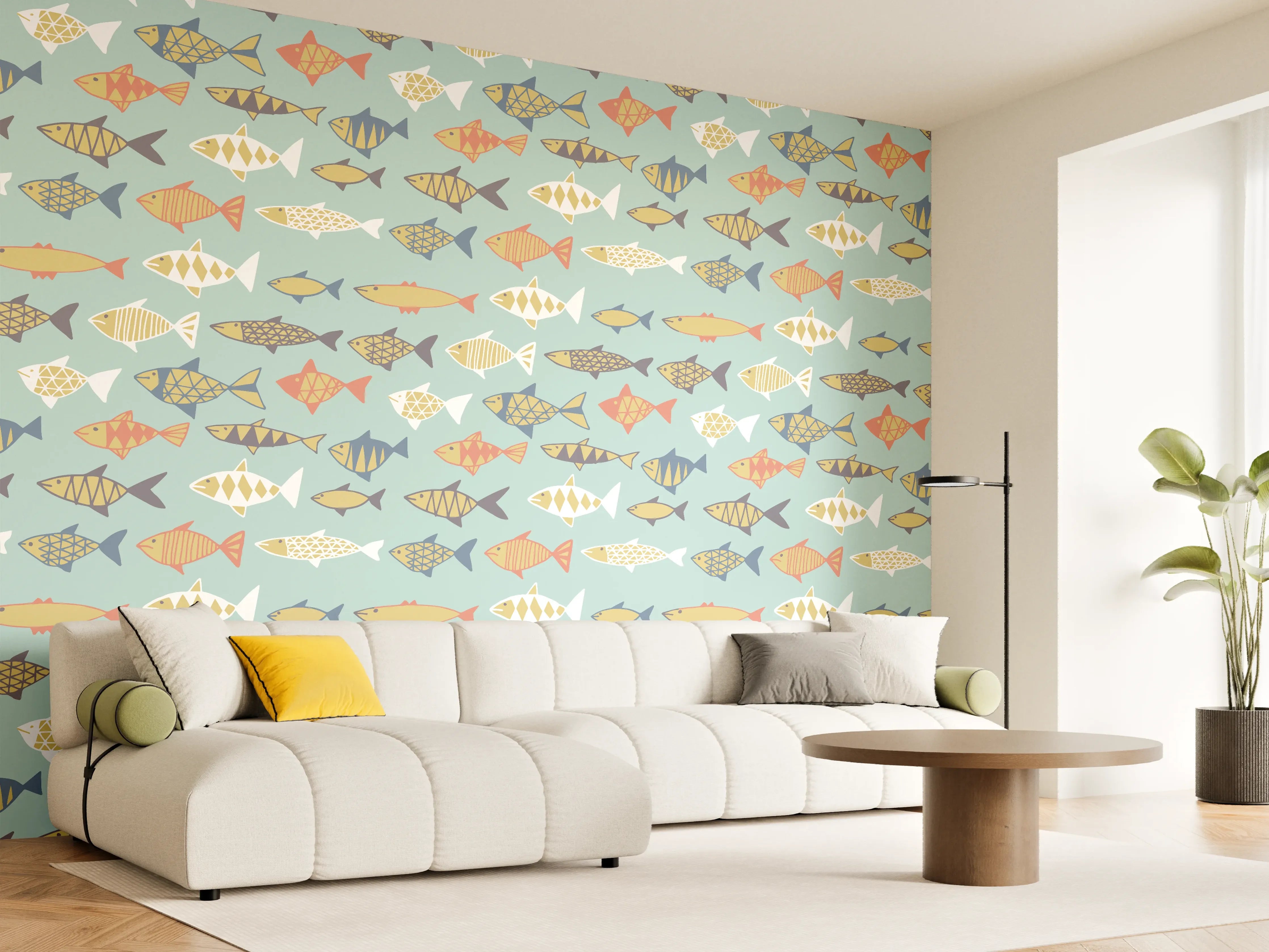 Wandverkleidung Wohnzimmer - Cartoon-Fische Türkis-Orange Muster