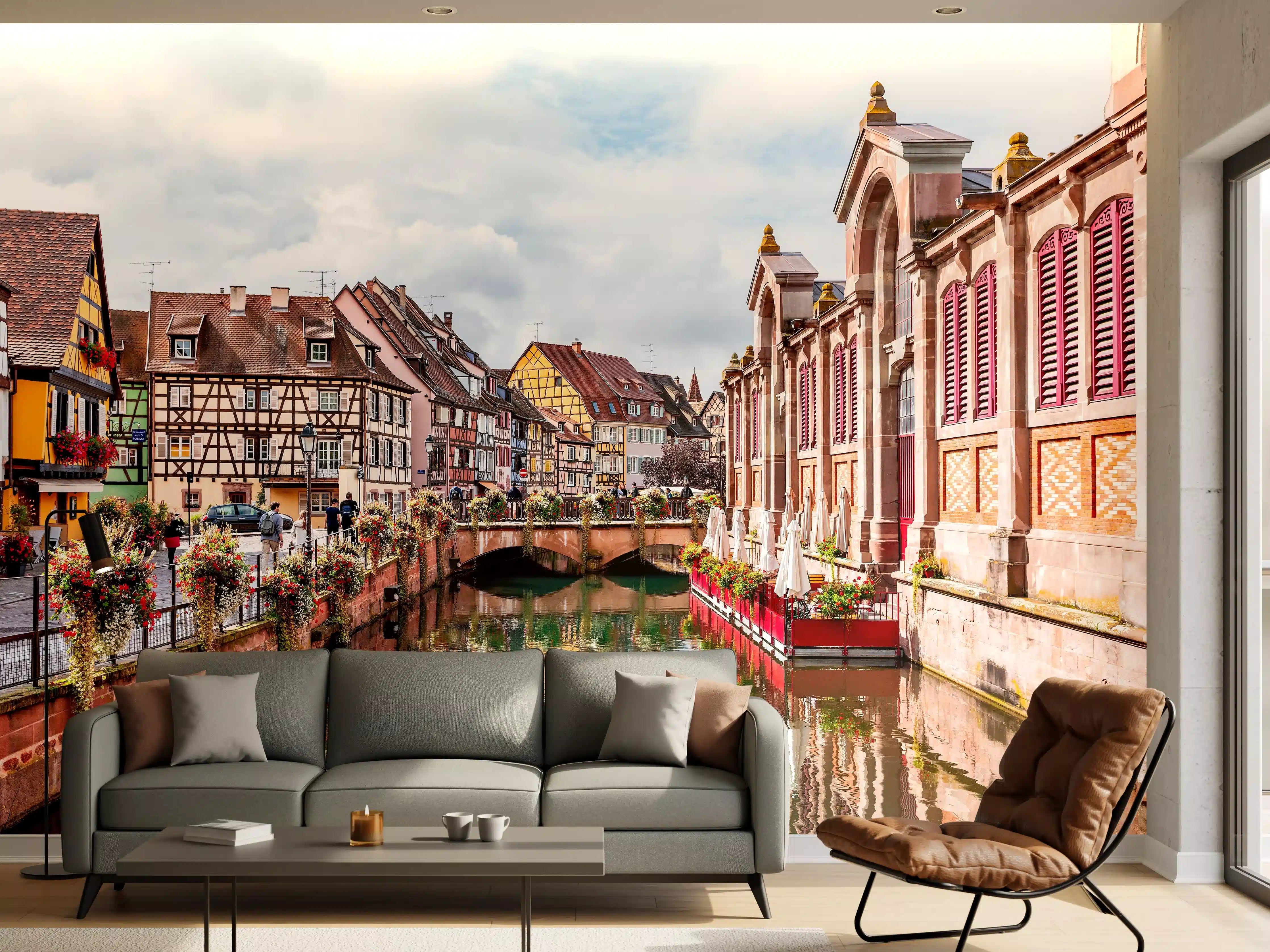 Wandverkleidung Wohnzimmer - Charming Riverside Townscape with Historic Architecture