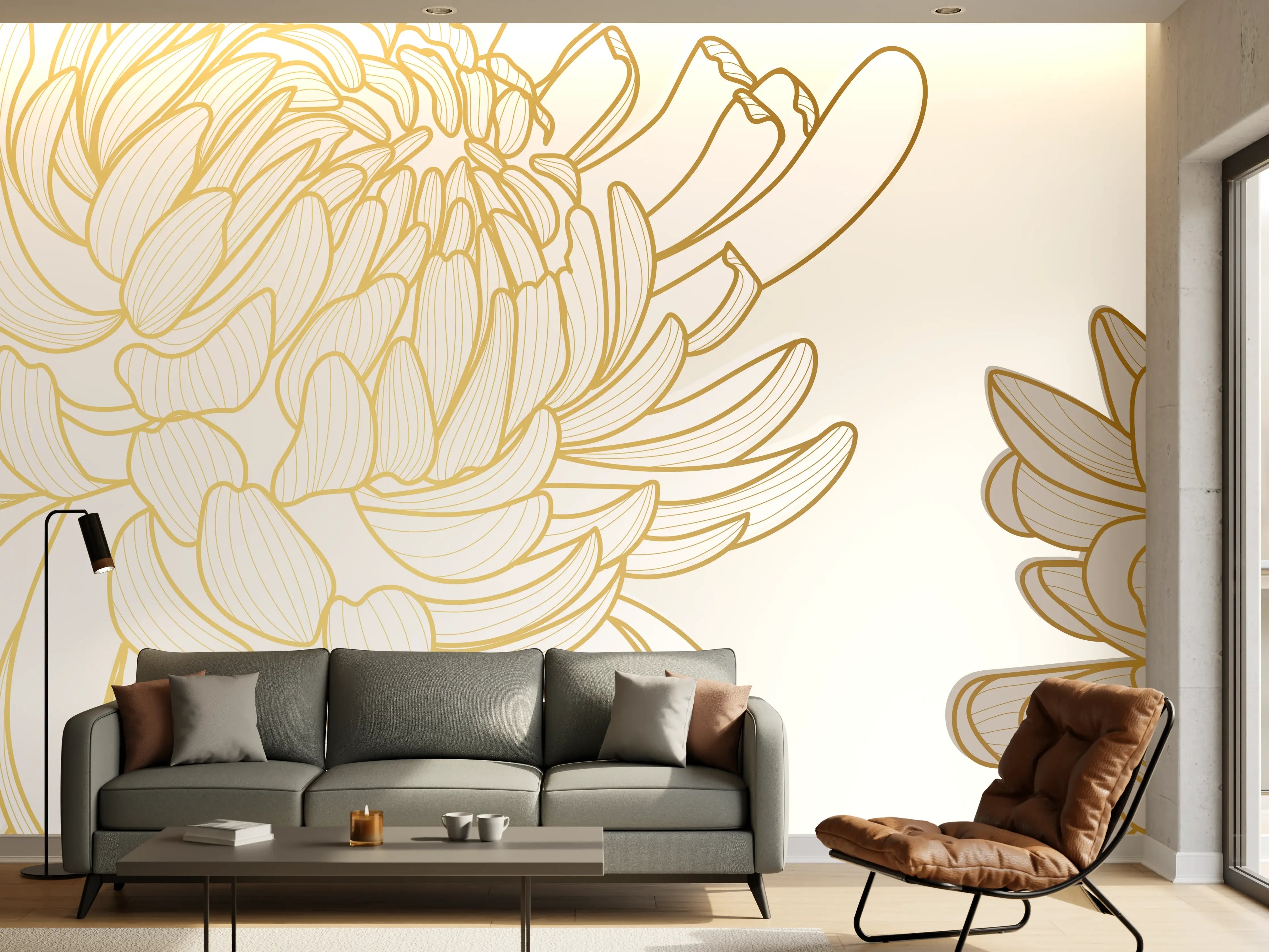 Wandverkleidung Wohnzimmer - Chic Cream Floral Illustration
