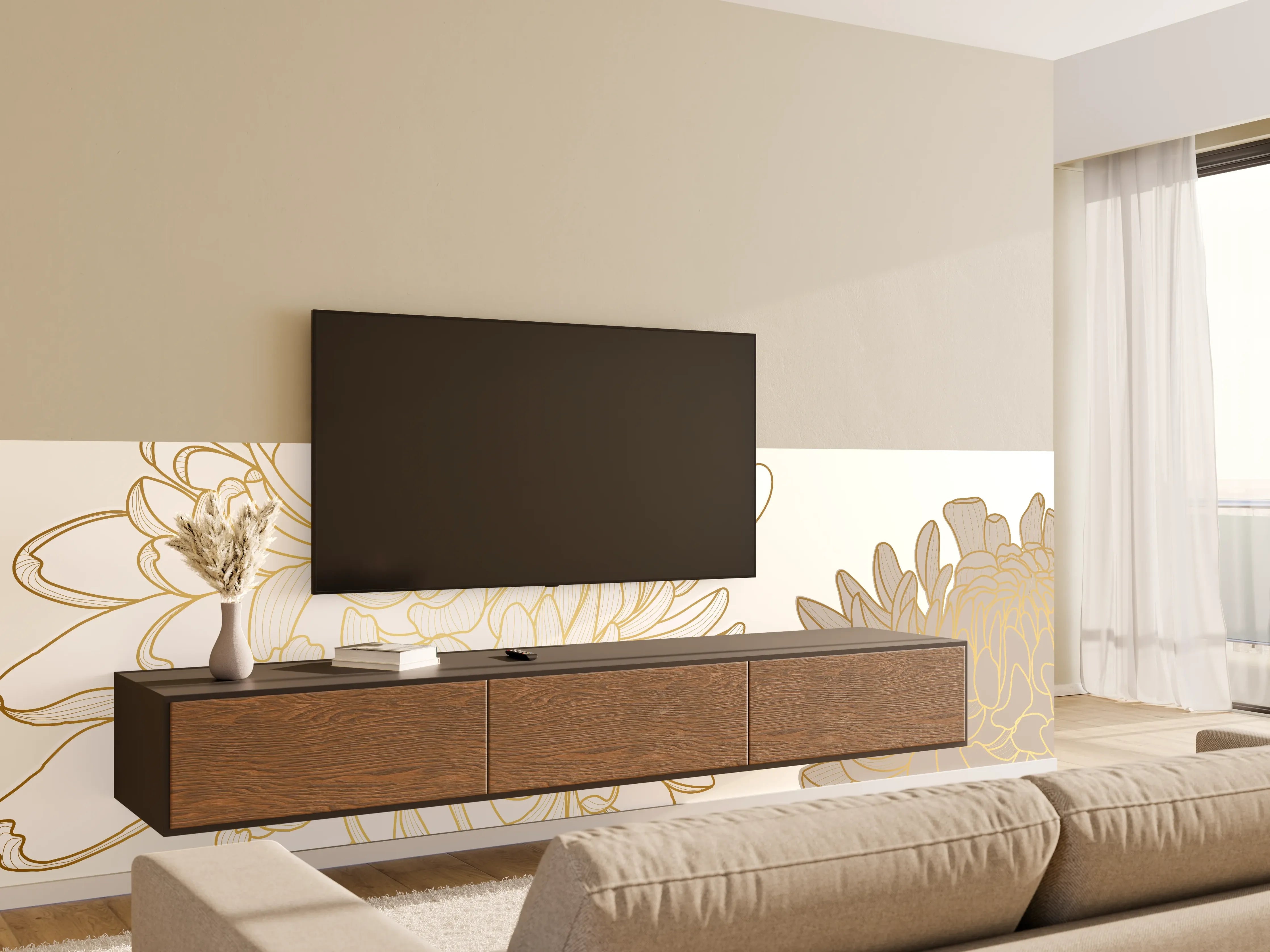 Wandverkleidung Wohnzimmer - Chic Cream Floral Illustration