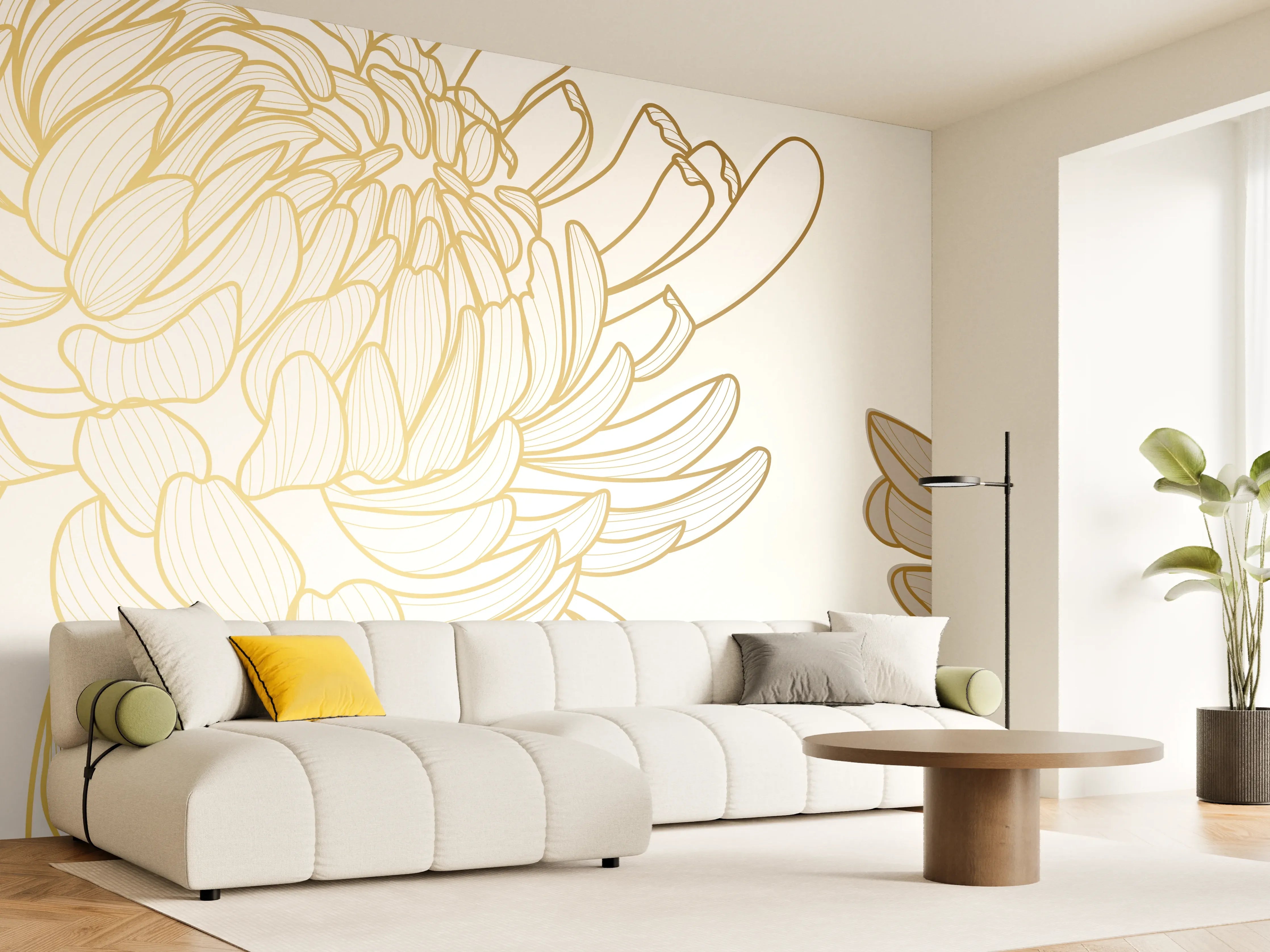 Wandverkleidung Wohnzimmer - Chic Cream Floral Illustration
