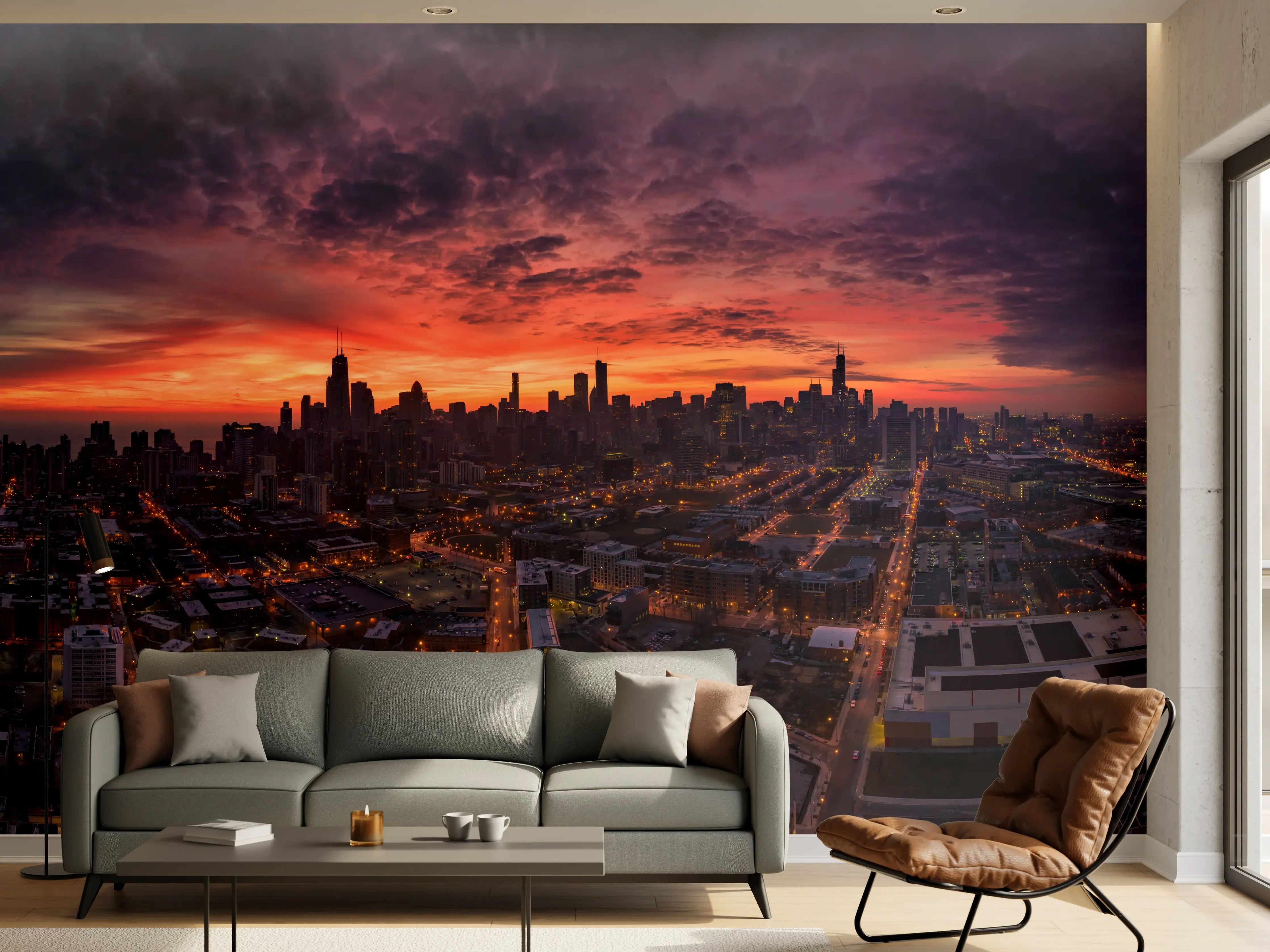 Wandverkleidung Wohnzimmer - Chicago Luftbildpanorama von Westen