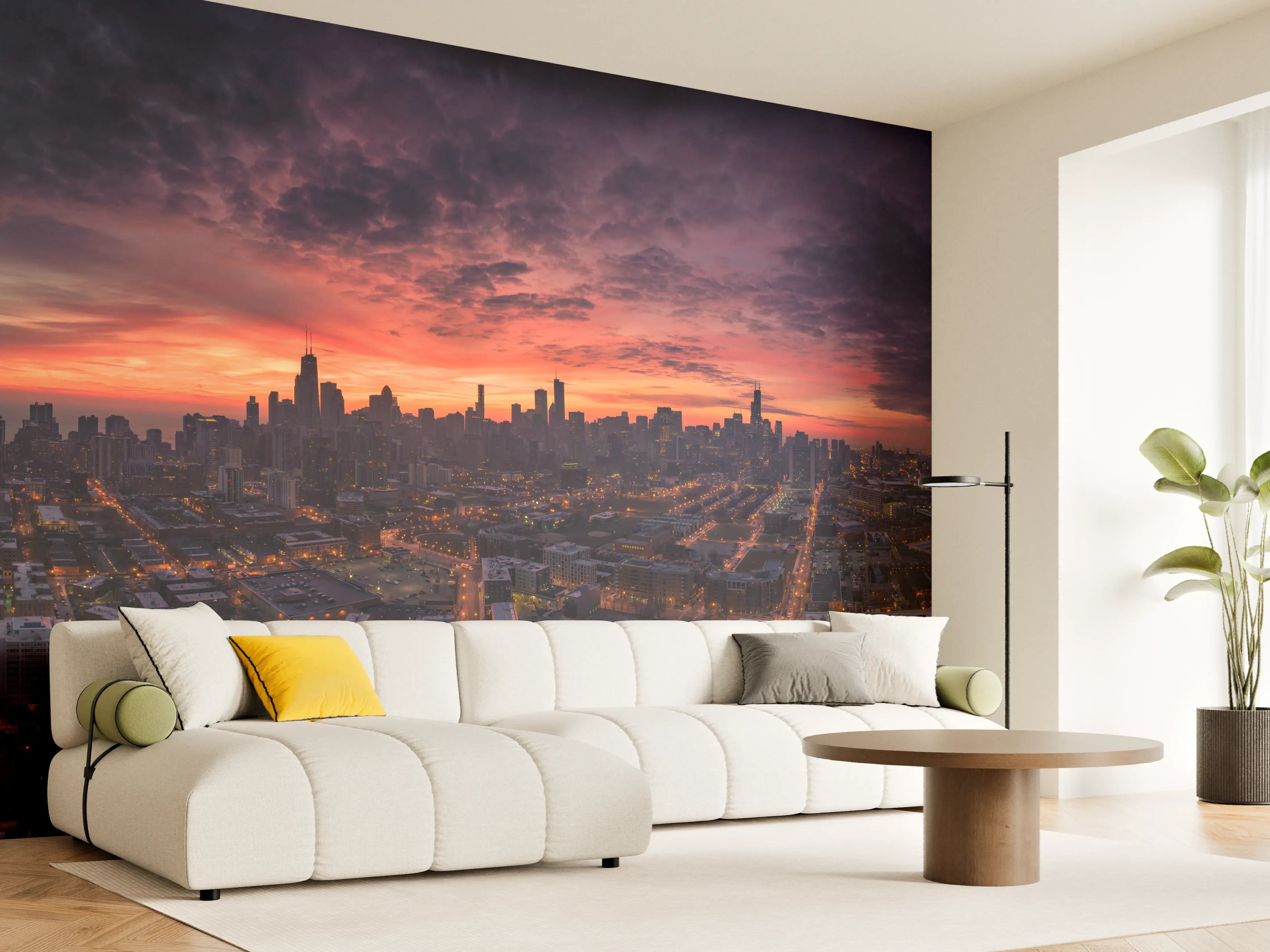 Wandverkleidung Wohnzimmer - Chicago Luftbildpanorama von Westen