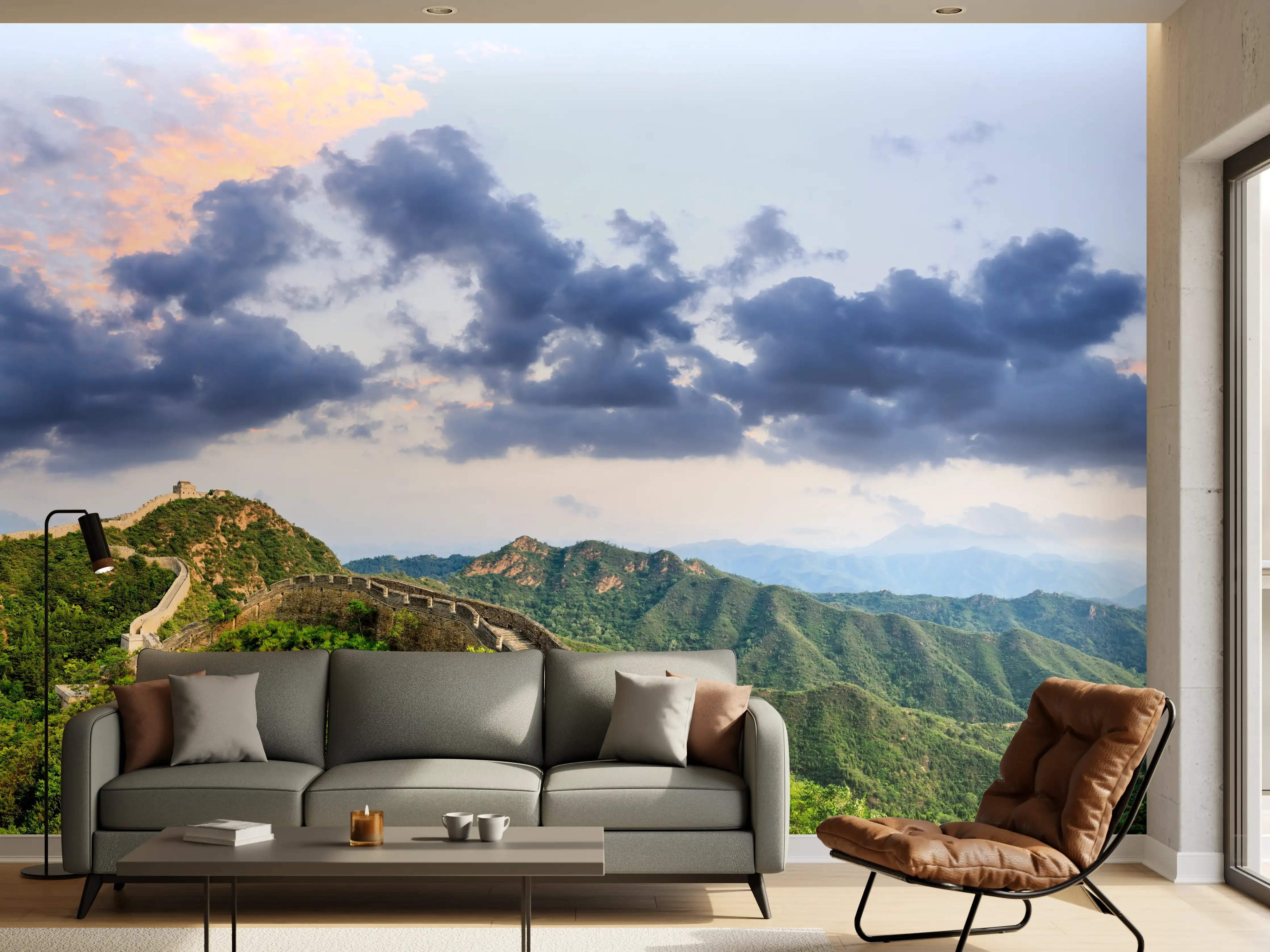 Wandverkleidung Wohnzimmer - Chinesische Mauer Panorama Grün-Blau