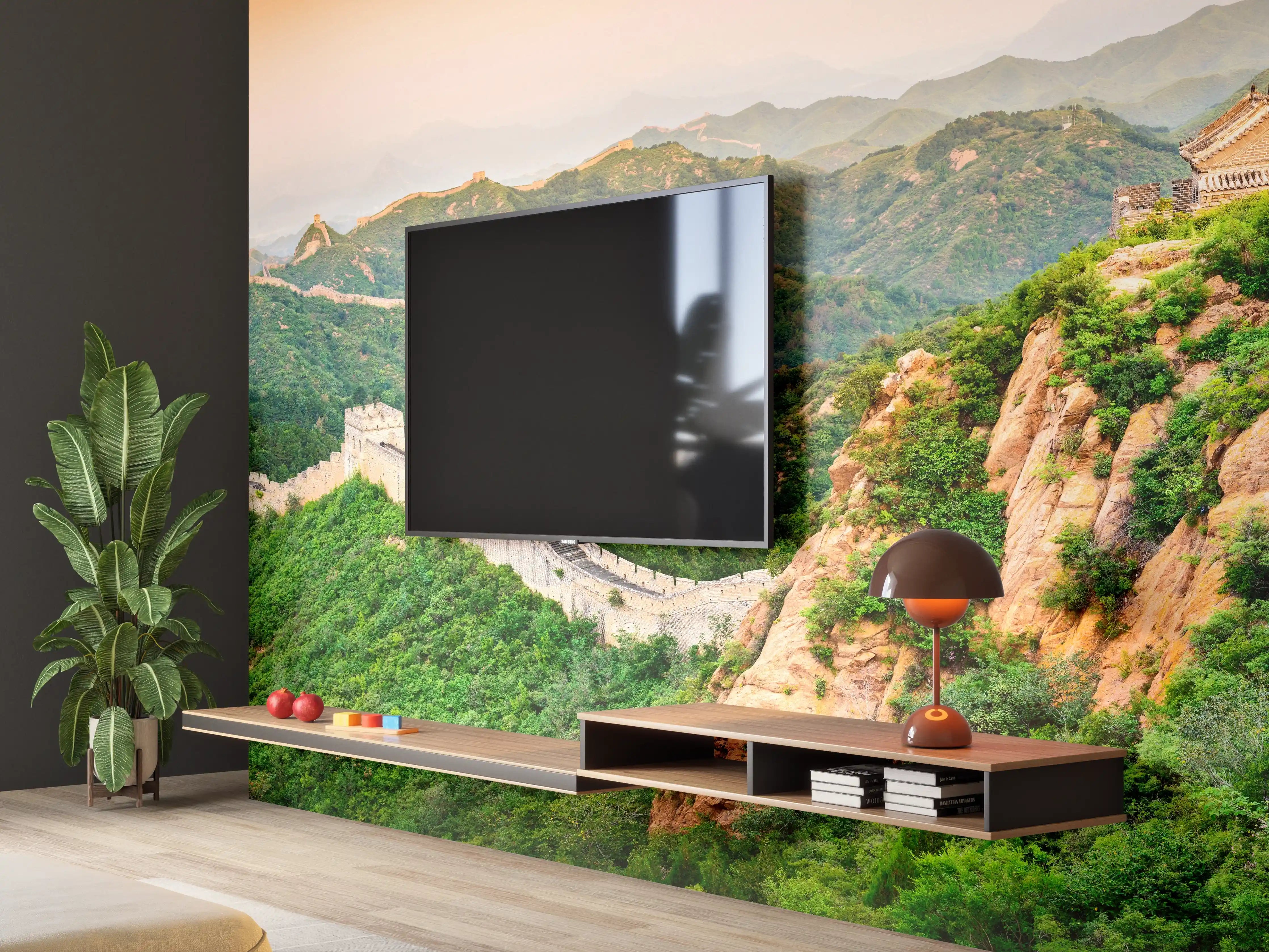 Wandverkleidung Wohnzimmer - Chinesische Mauer Panorama Grün-Orange