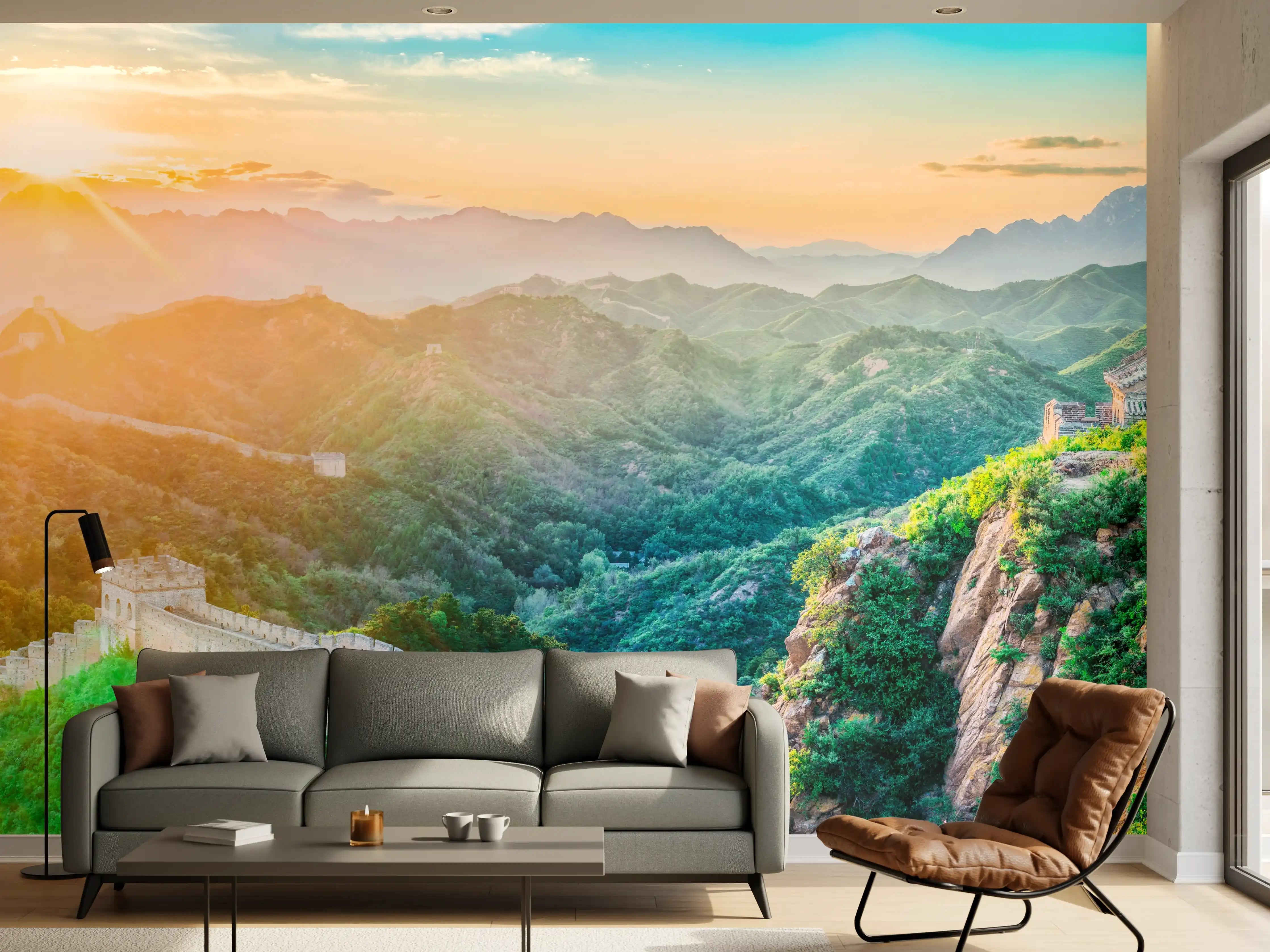 Wandverkleidung Wohnzimmer - Chinesische Mauer Panorama Sonnenaufgang