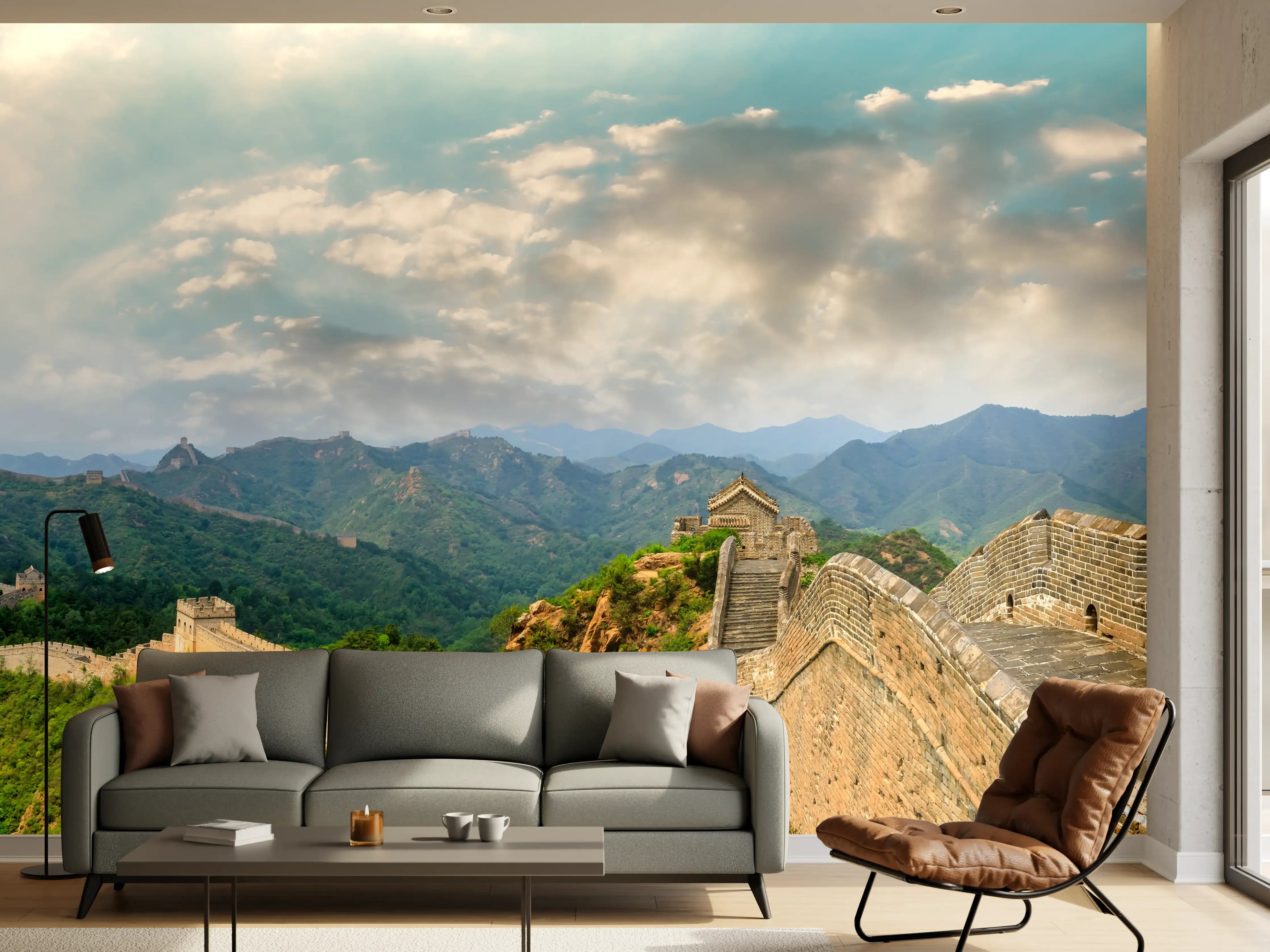Wandverkleidung Wohnzimmer - Chinesische Mauer im Farbenspiel von Himmel und Natur
