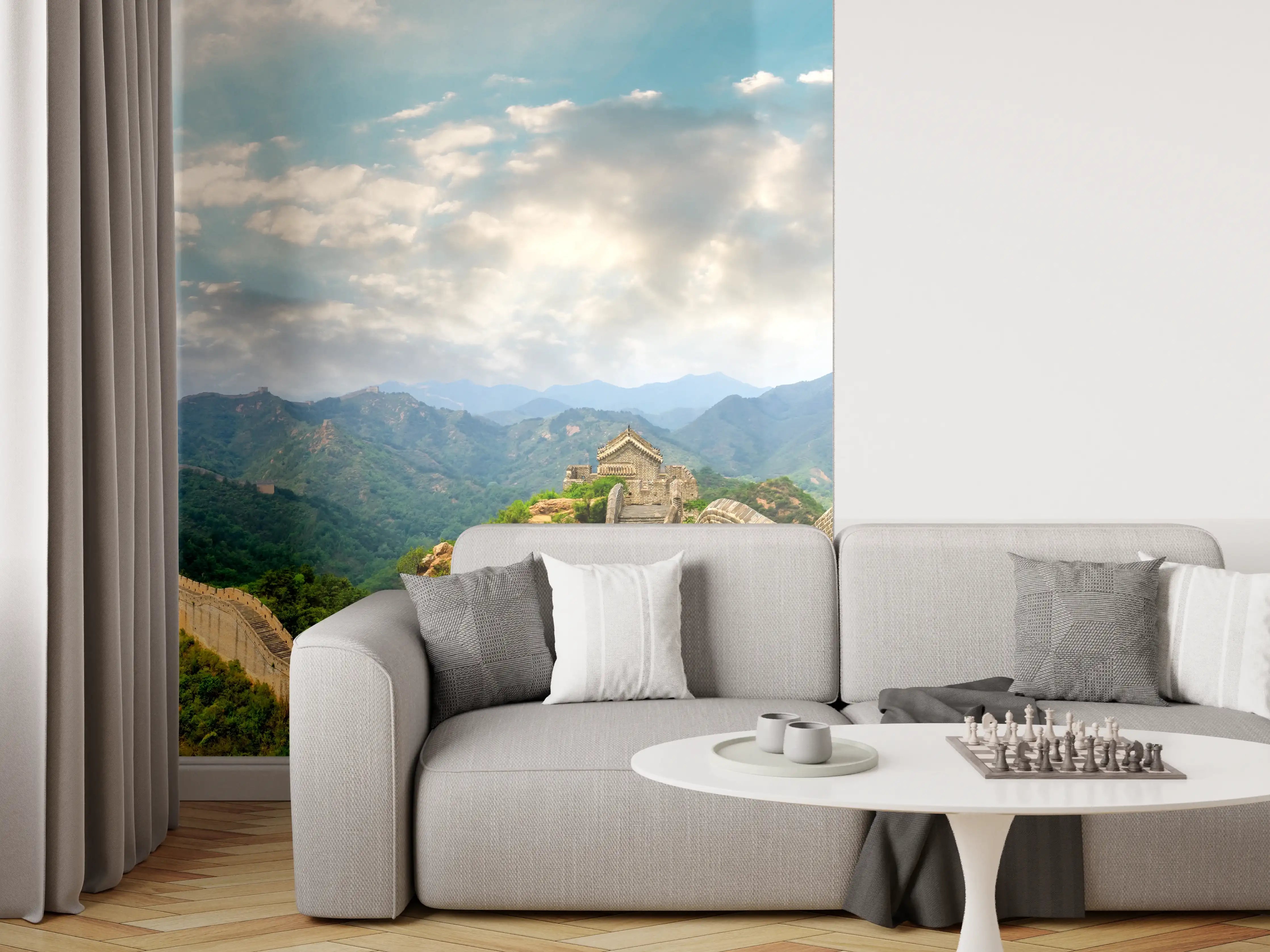 Wandverkleidung Wohnzimmer - Chinesische Mauer im Farbenspiel von Himmel und Natur