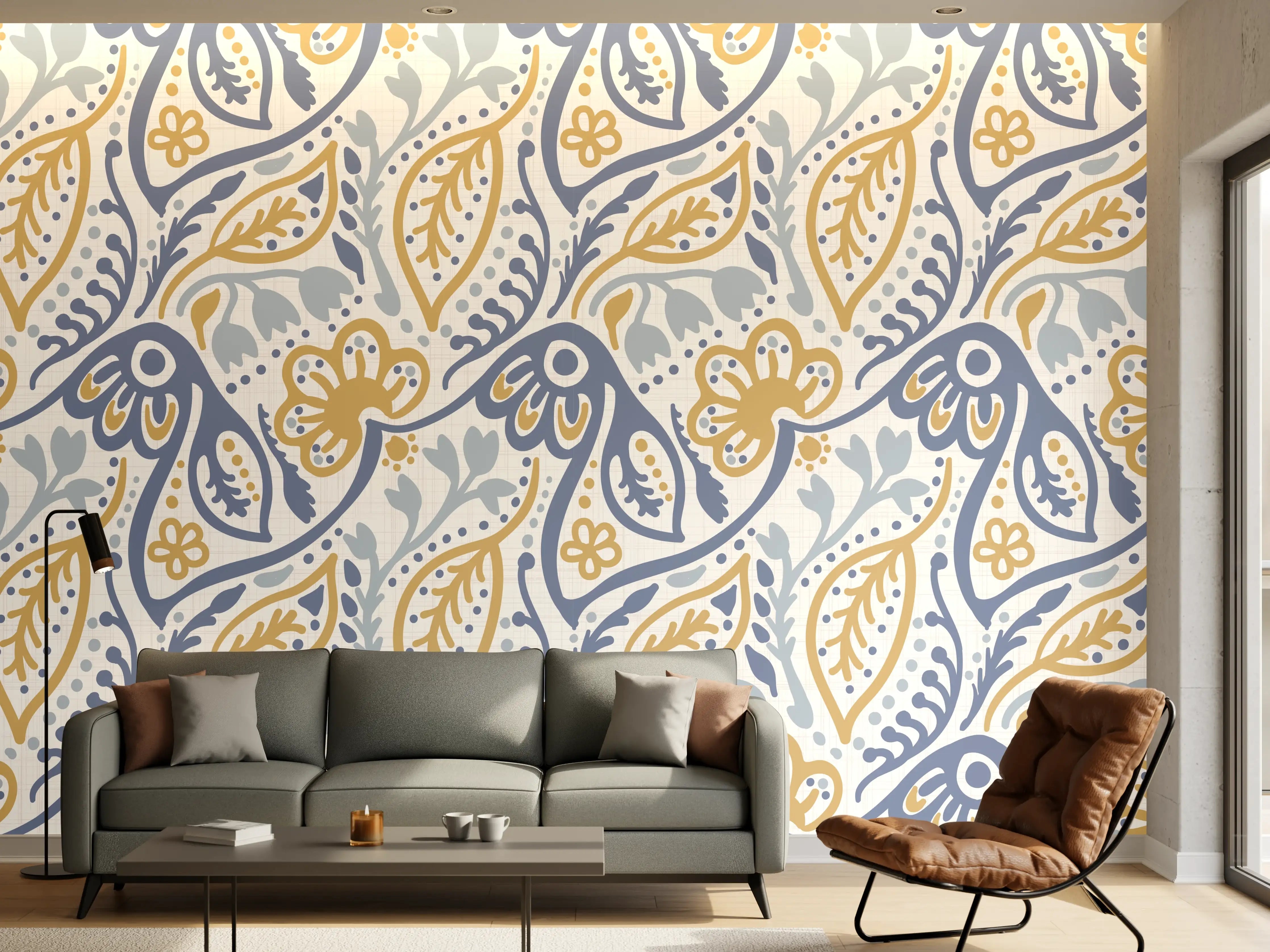 Wandverkleidung Wohnzimmer - Damastmuster Nahtlos Blau Gelb
