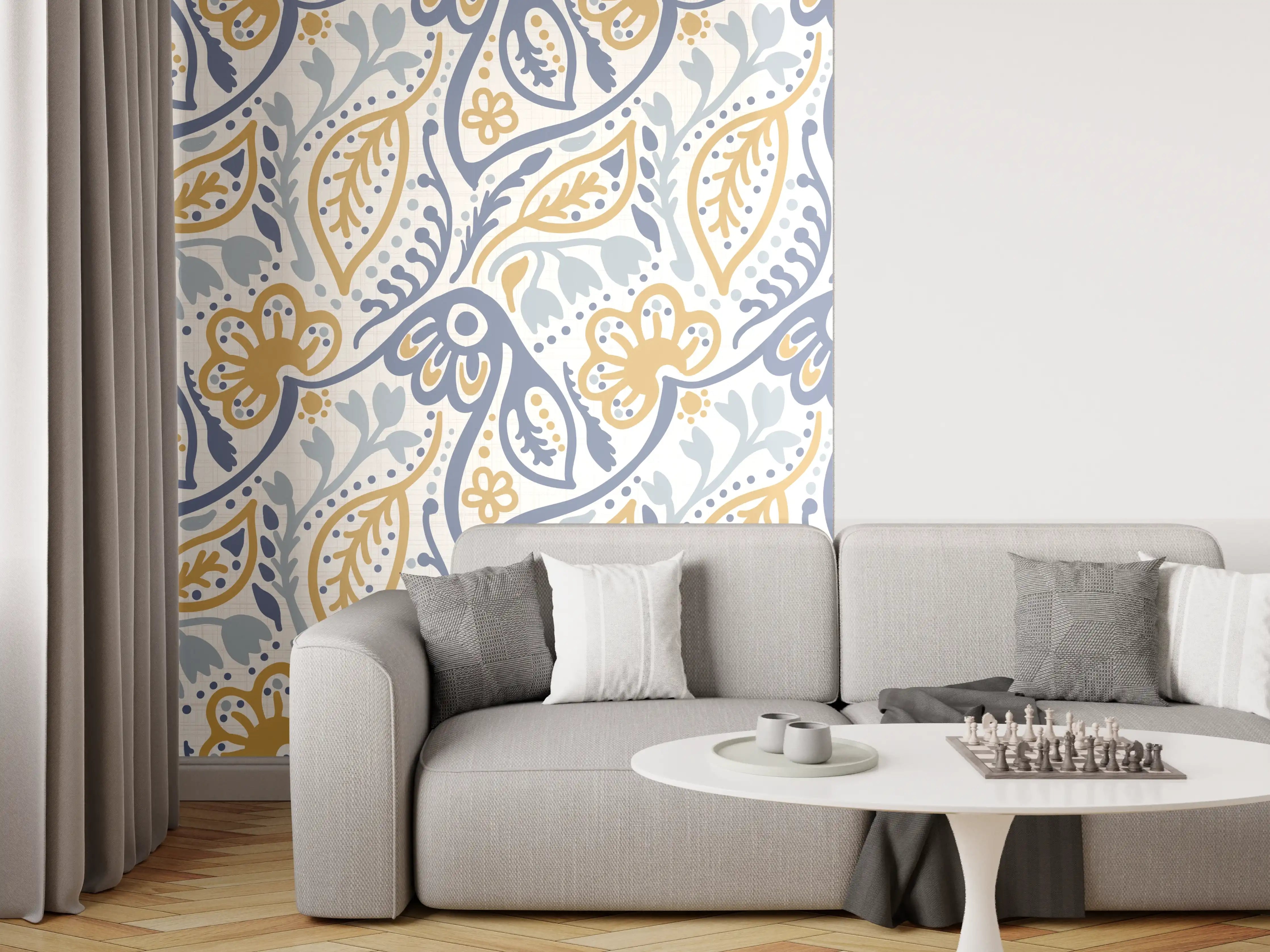 Wandverkleidung Wohnzimmer - Damastmuster Nahtlos Blau Gelb