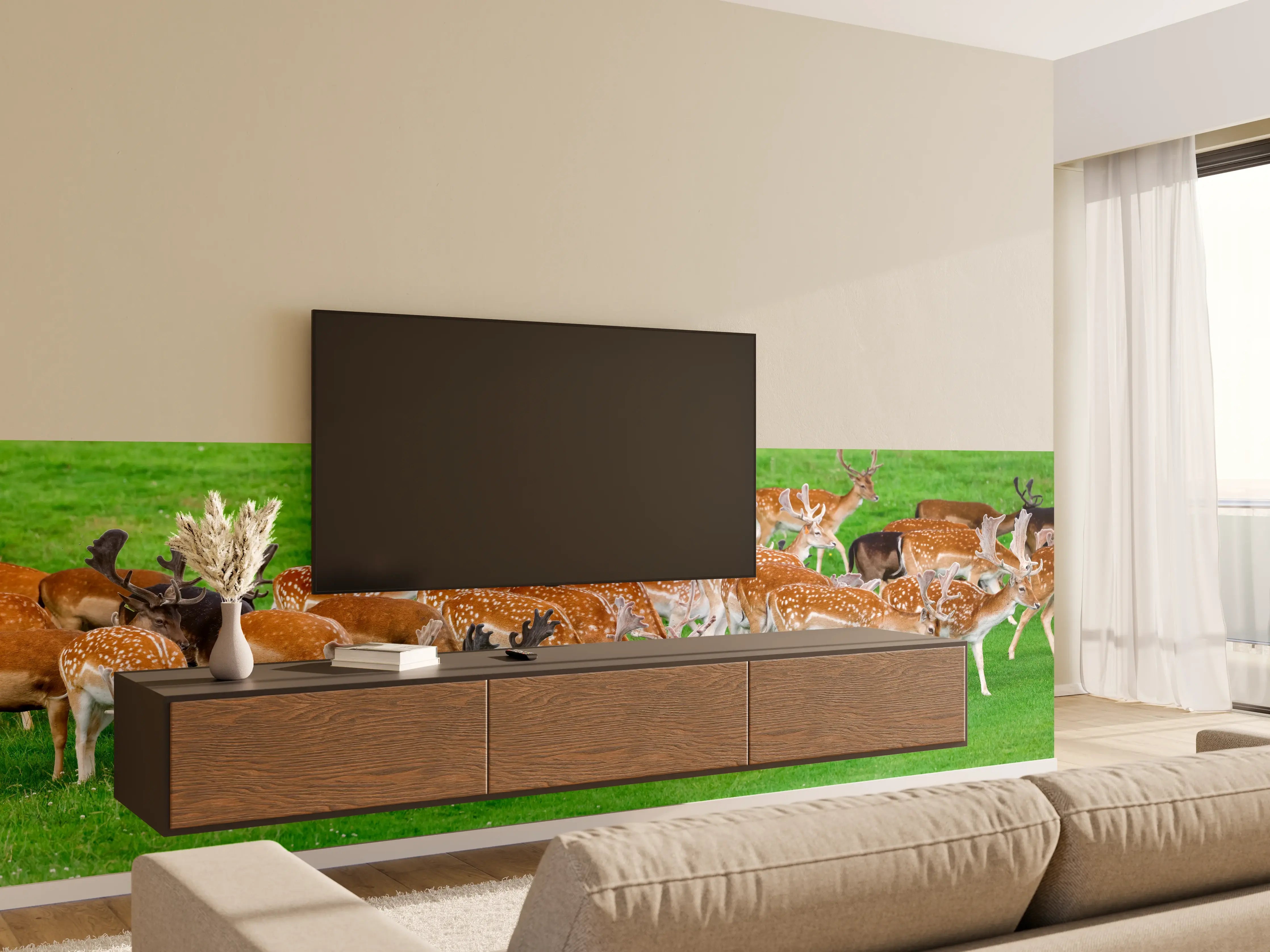 Wandverkleidung Wohnzimmer - Damwild-Herde auf grüner Wiese