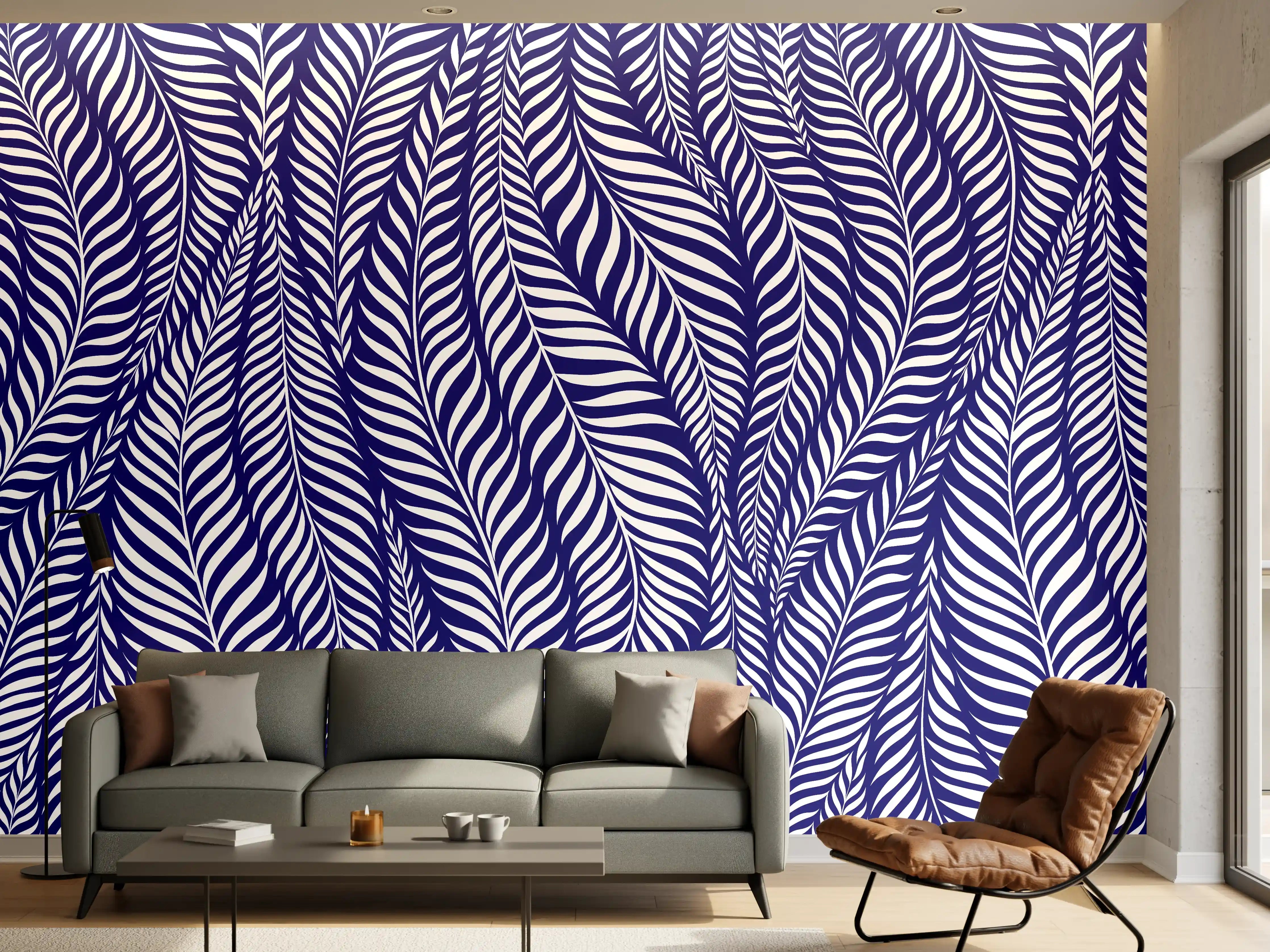 Wandverkleidung Wohnzimmer - Detailliertes Floral-Design in Blau und Weiß