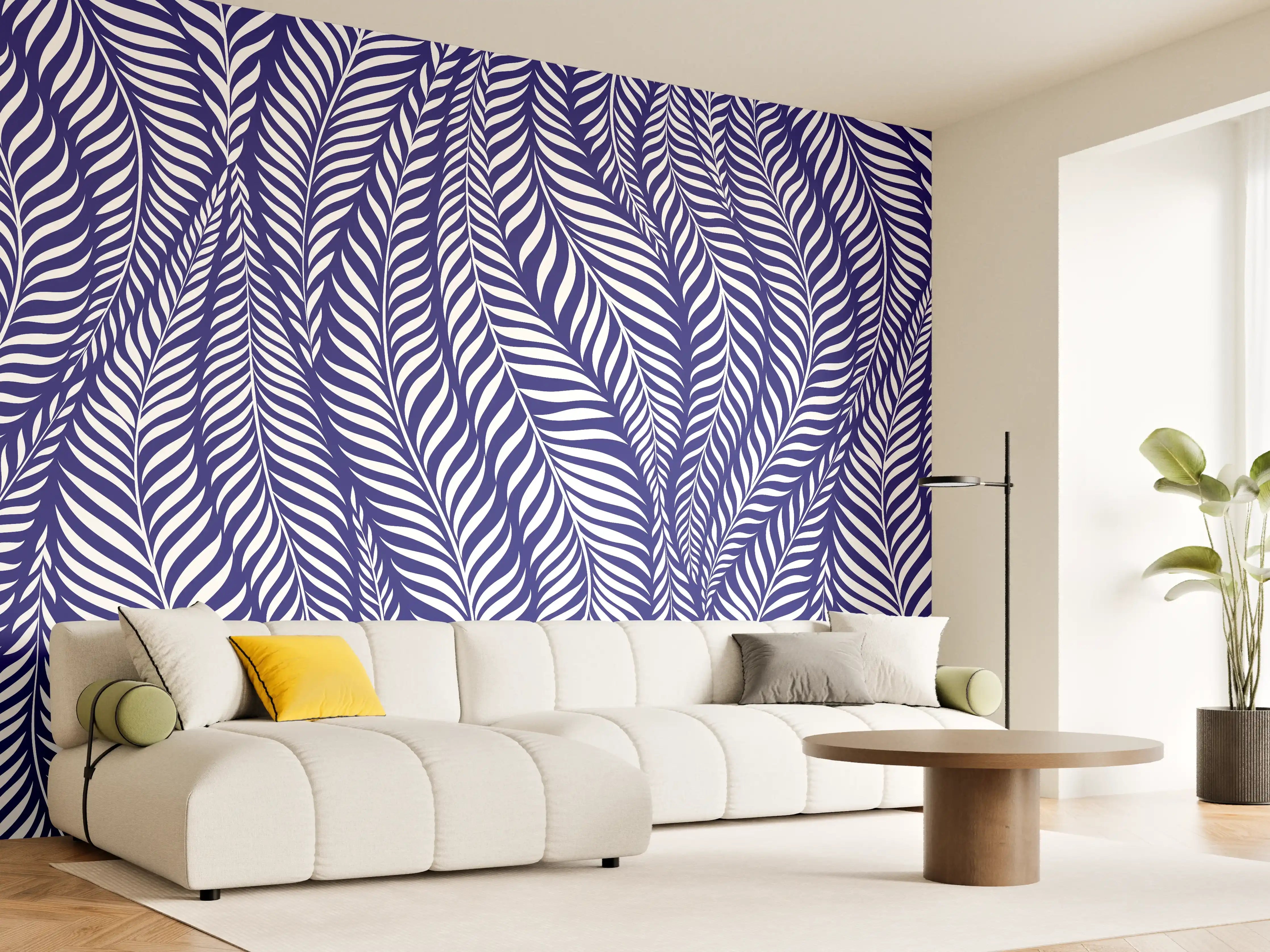 Wandverkleidung Wohnzimmer - Detailliertes Floral-Design in Blau und Weiß