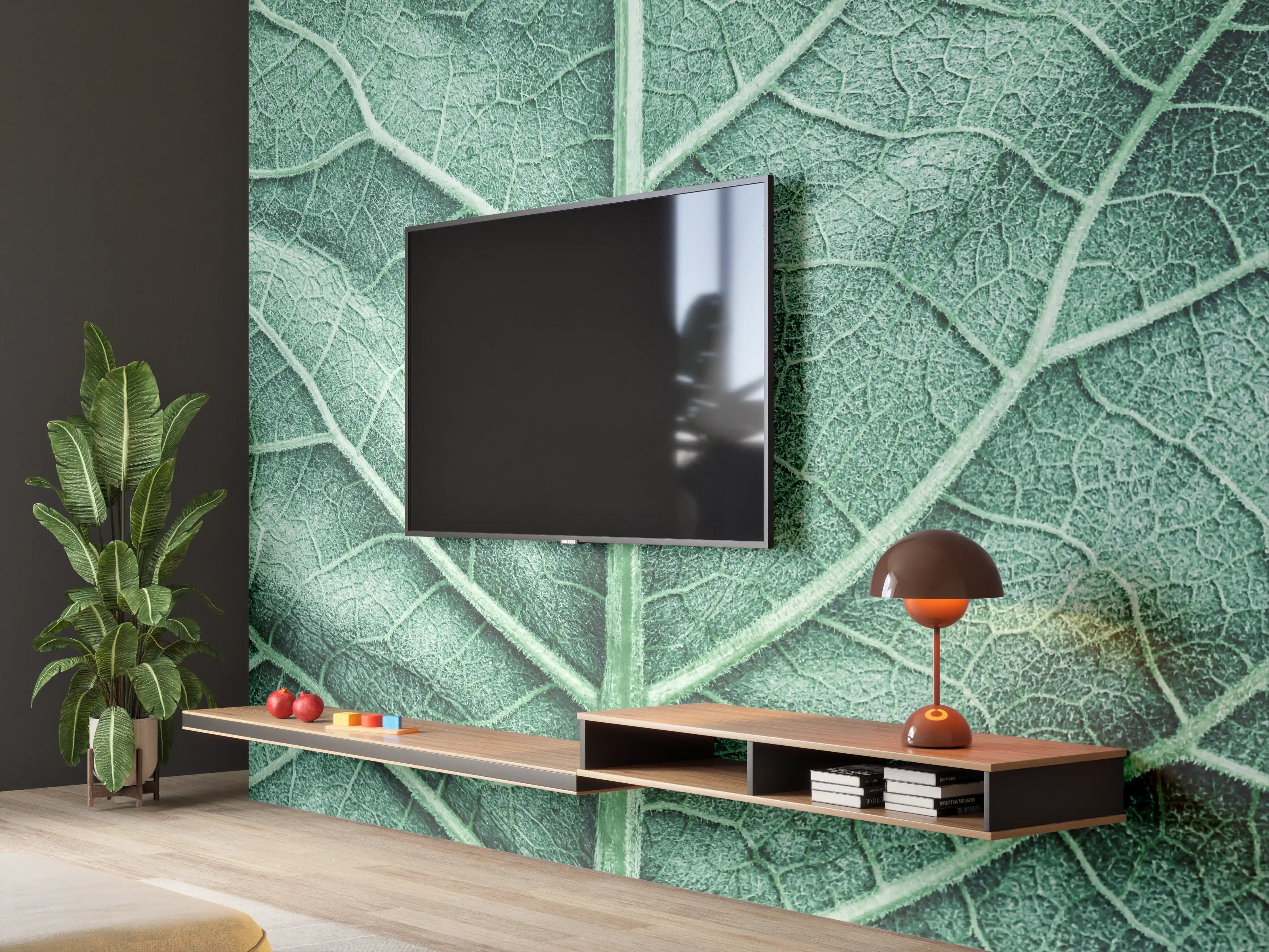 Wandverkleidung Wohnzimmer - Detailreiche Blattstruktur in Grüntönen