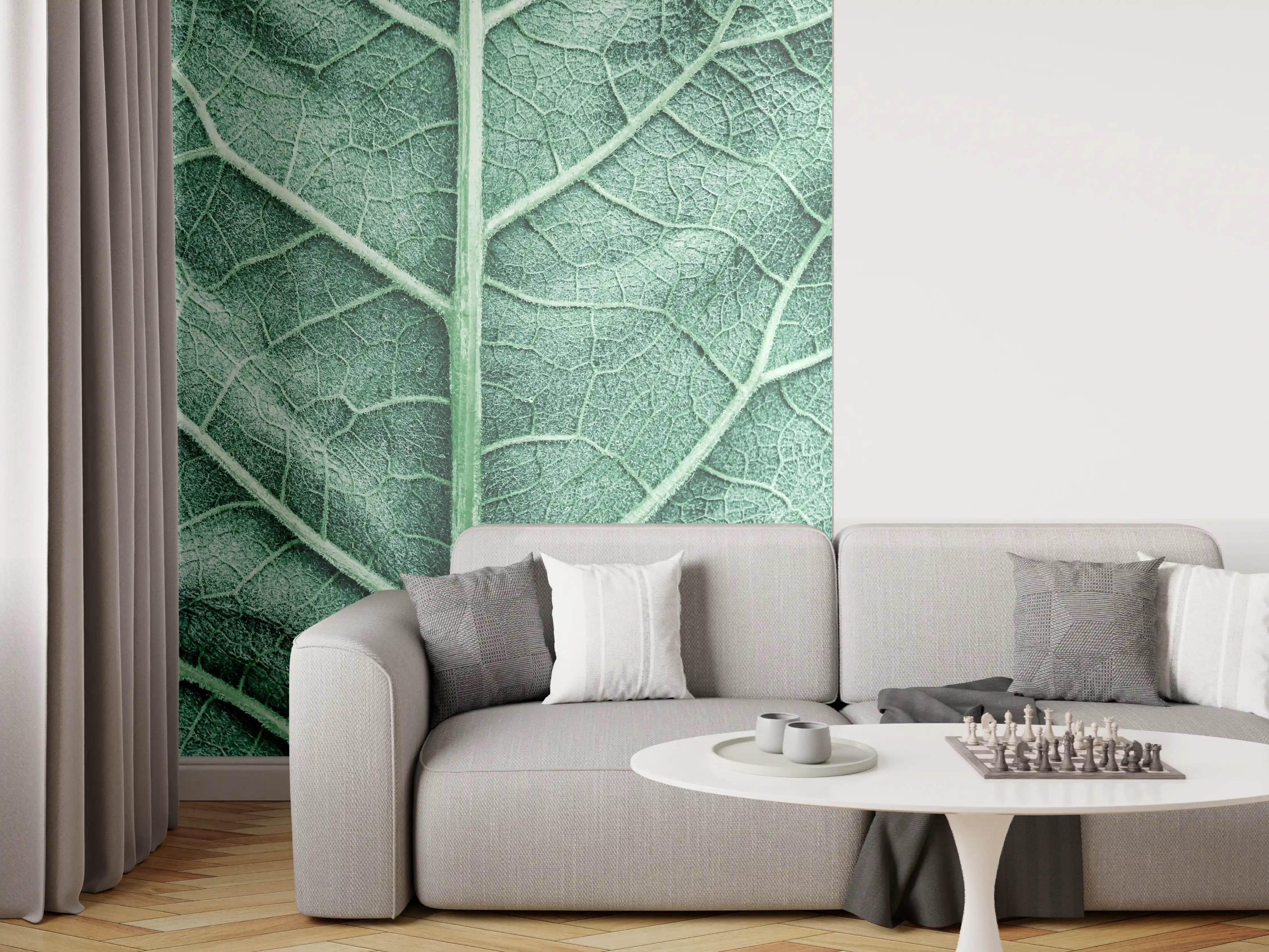 Wandverkleidung Wohnzimmer - Detailreiche Blattstruktur in Grüntönen