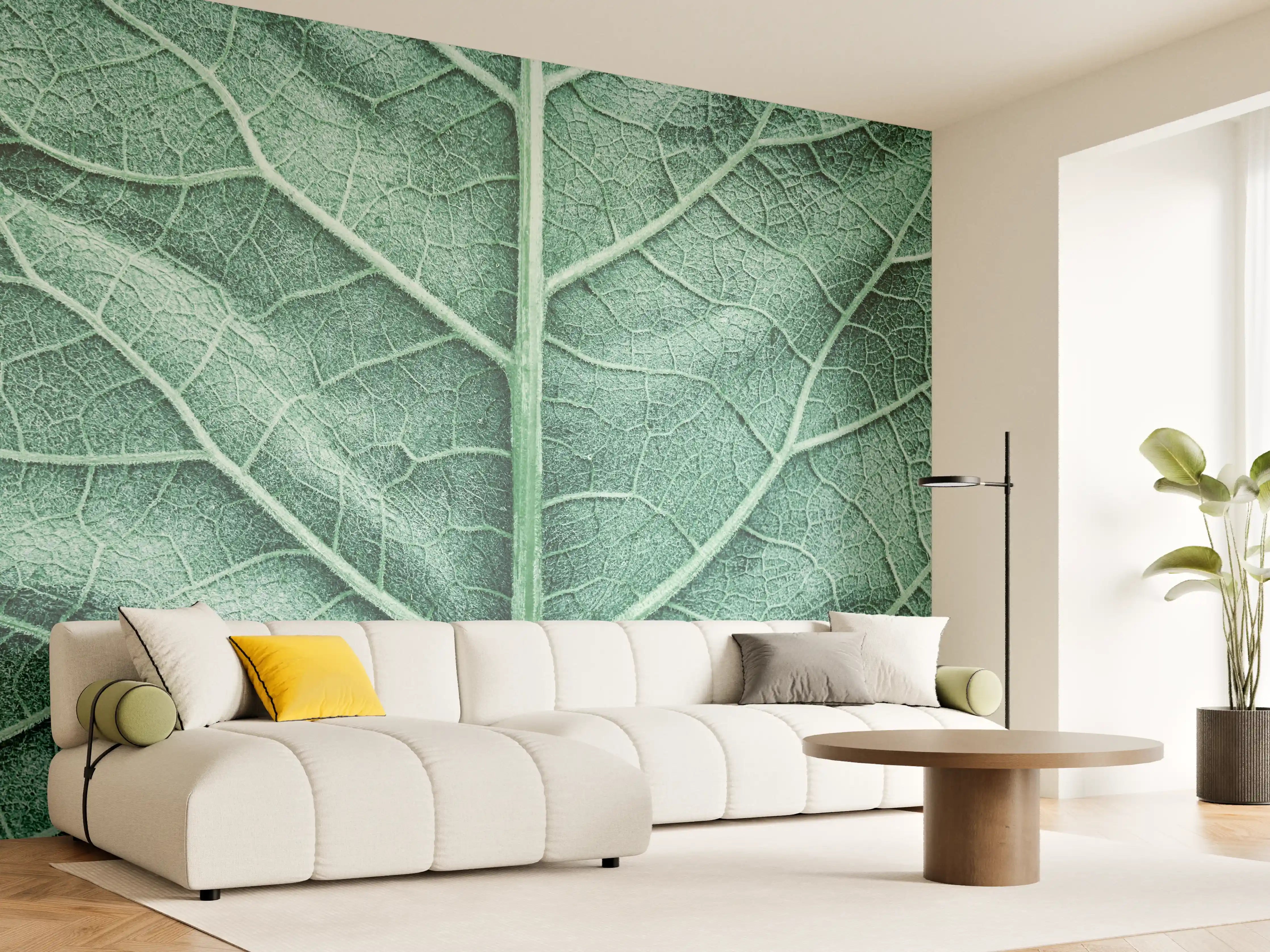 Wandverkleidung Wohnzimmer - Detailreiche Blattstruktur in Grüntönen