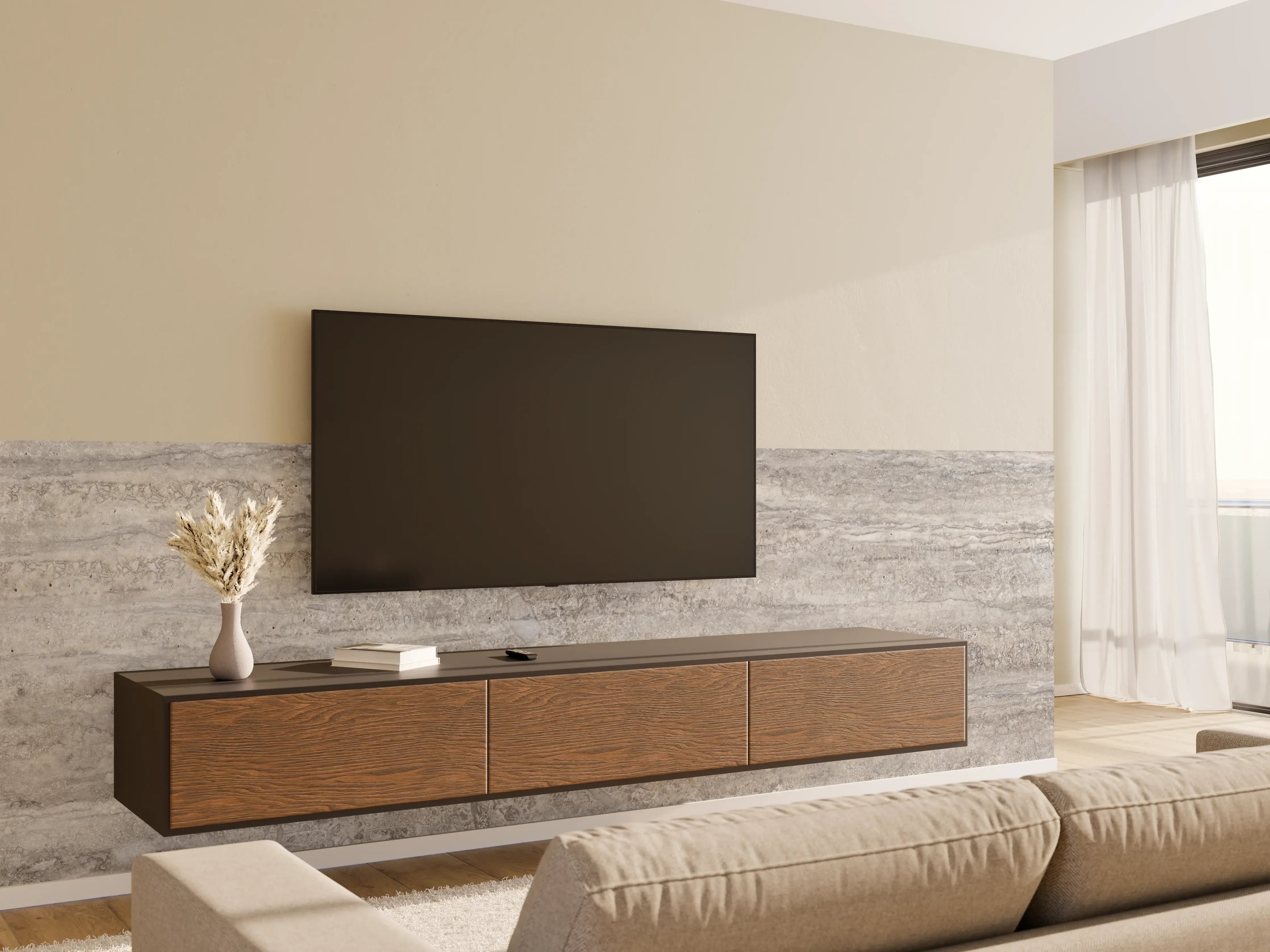 Wandverkleidung Wohnzimmer - Dezenter Travertin Marmor