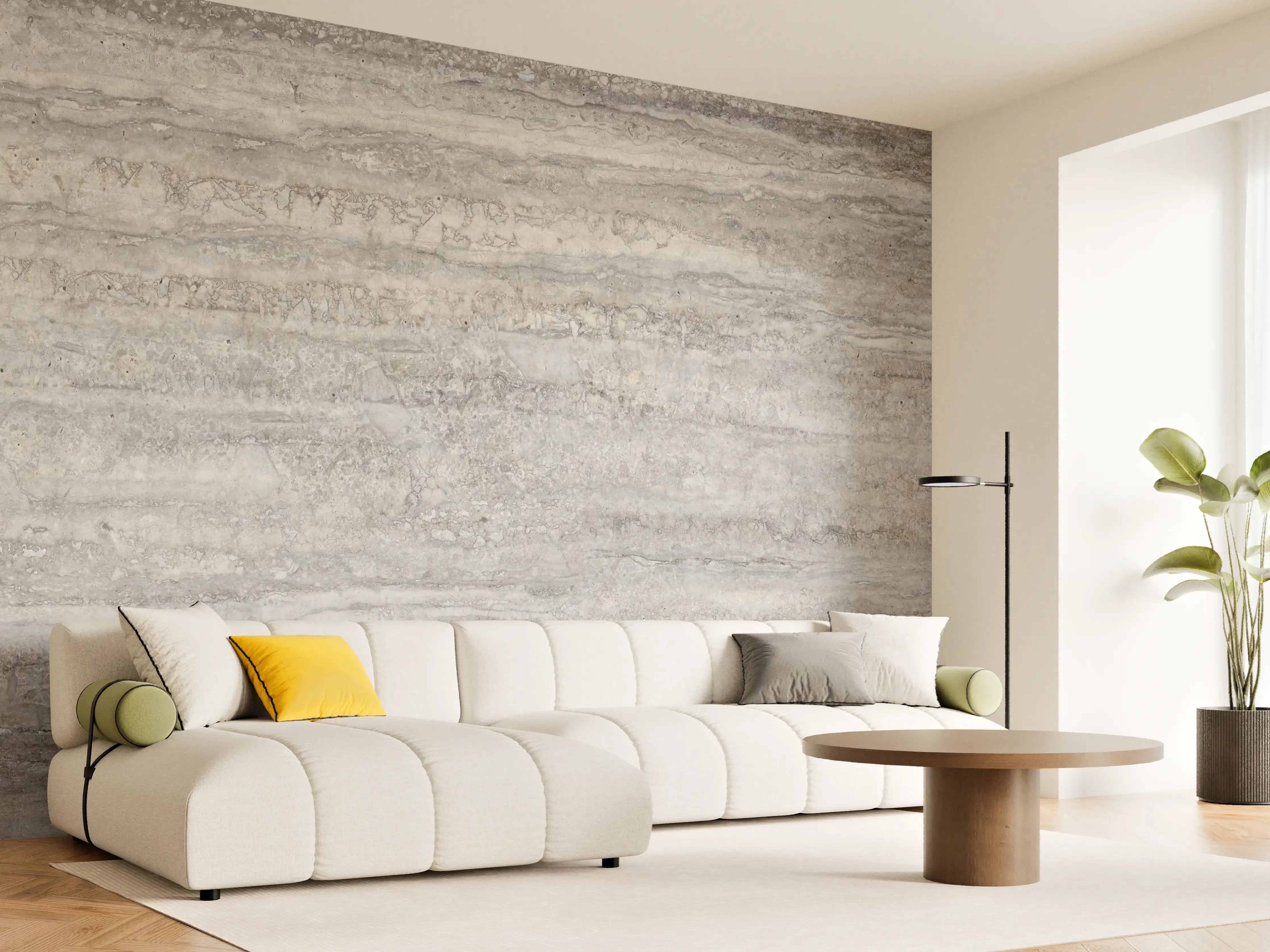 Wandverkleidung Wohnzimmer - Dezenter Travertin Marmor