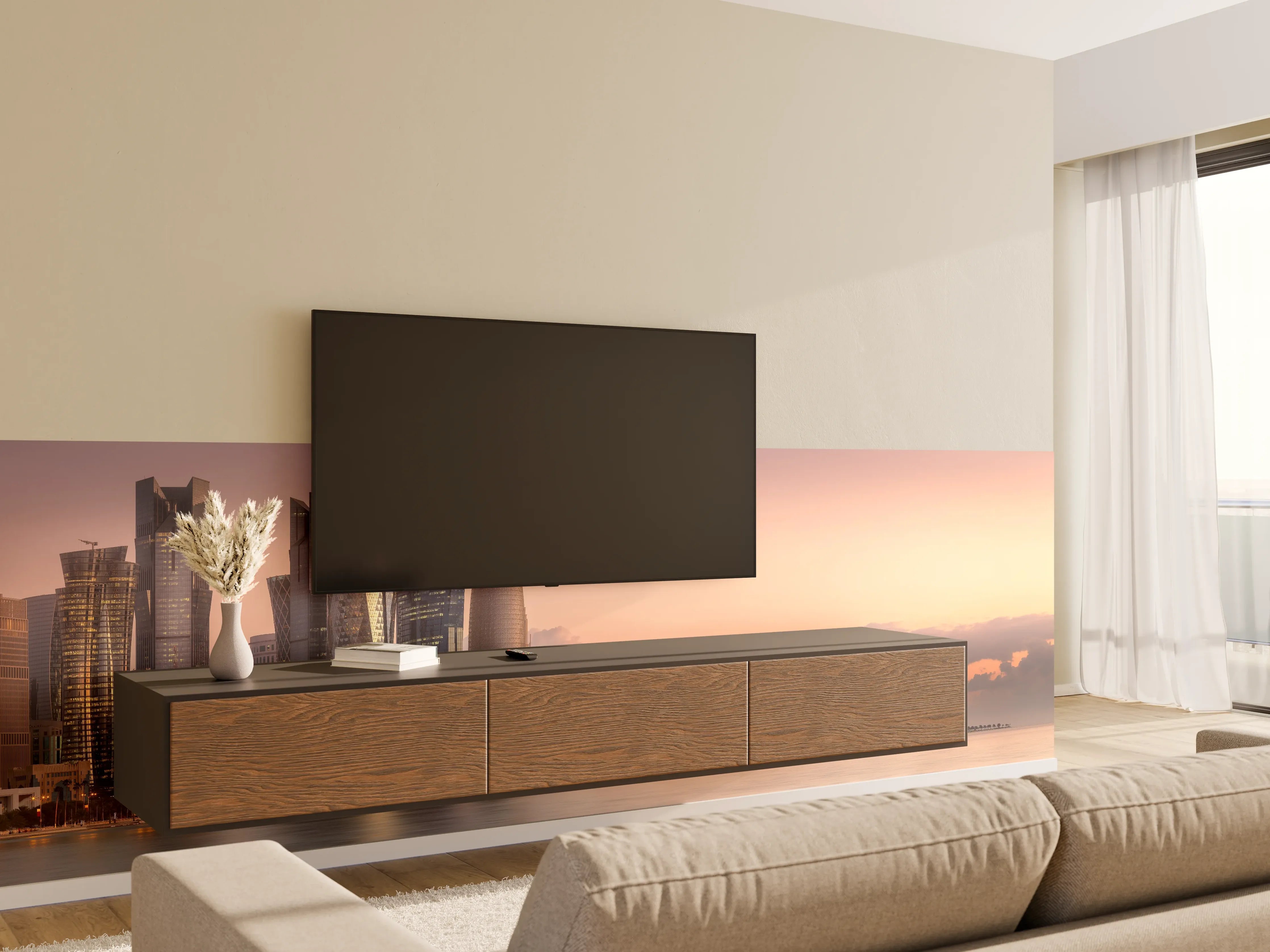 Wandverkleidung Wohnzimmer - Die Skyline von West Bay und Doha City