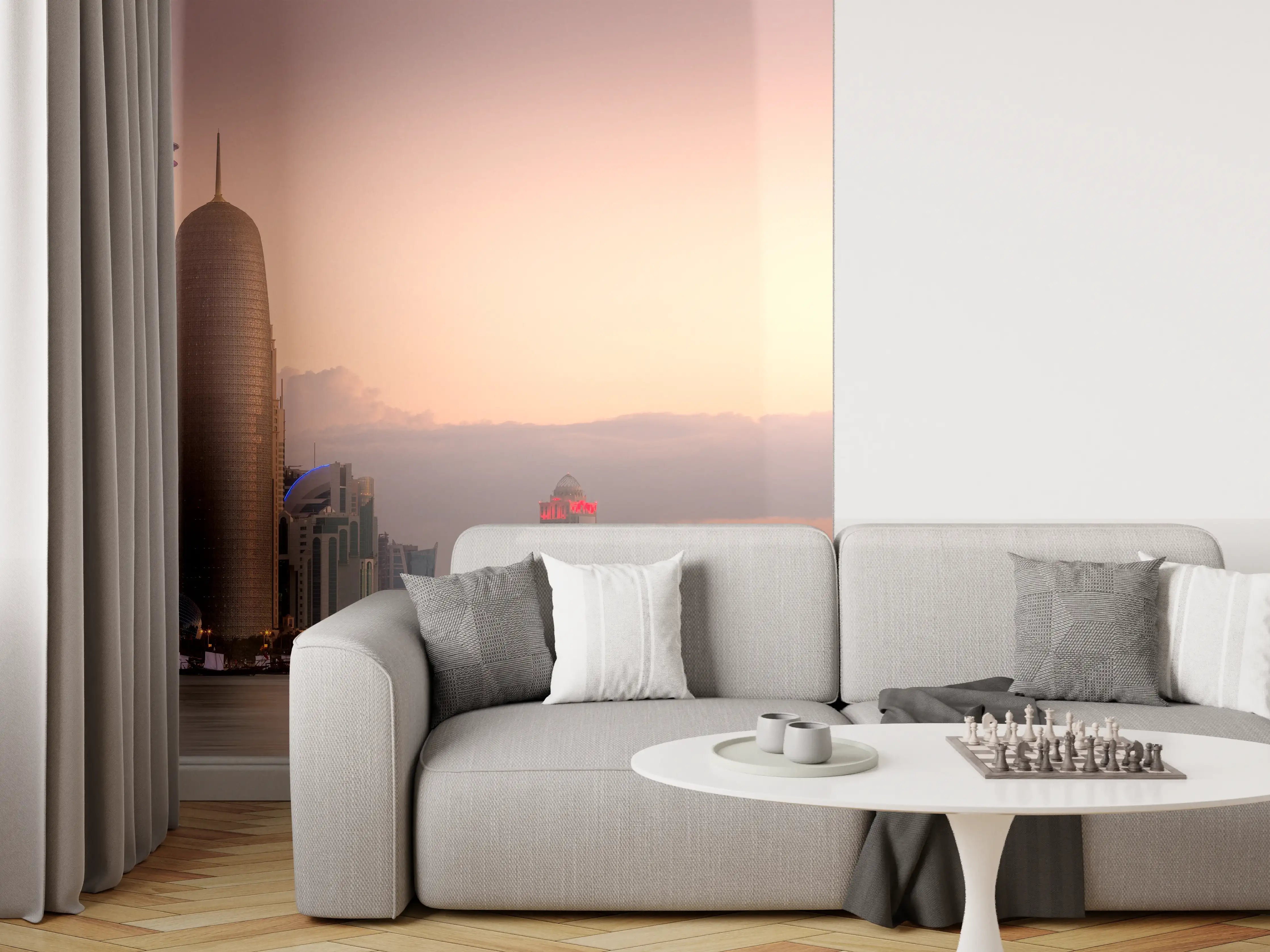 Wandverkleidung Wohnzimmer - Die Skyline von West Bay und Doha City