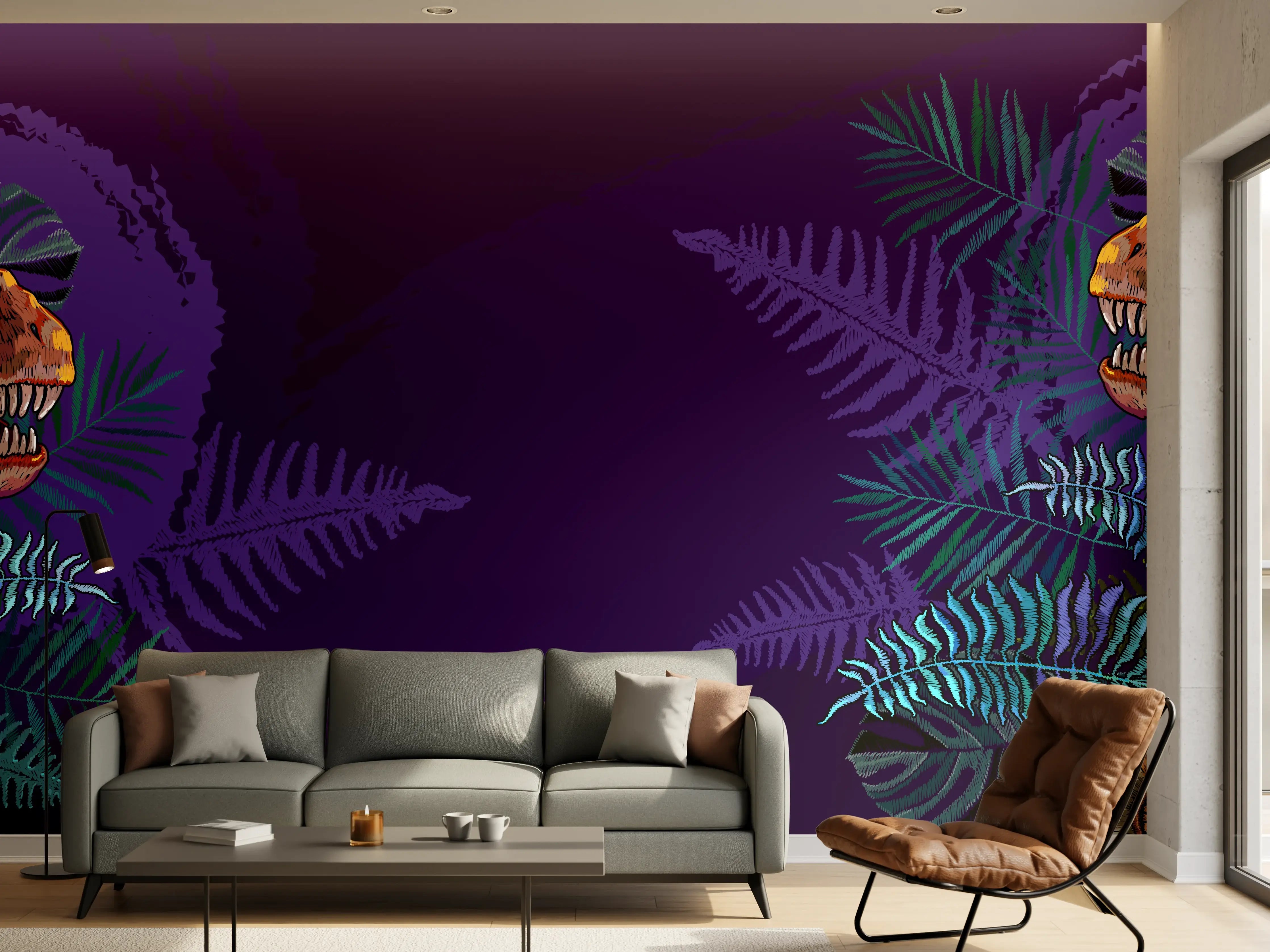 Wandverkleidung Wohnzimmer - Dinosaurier Fossil & Palmen