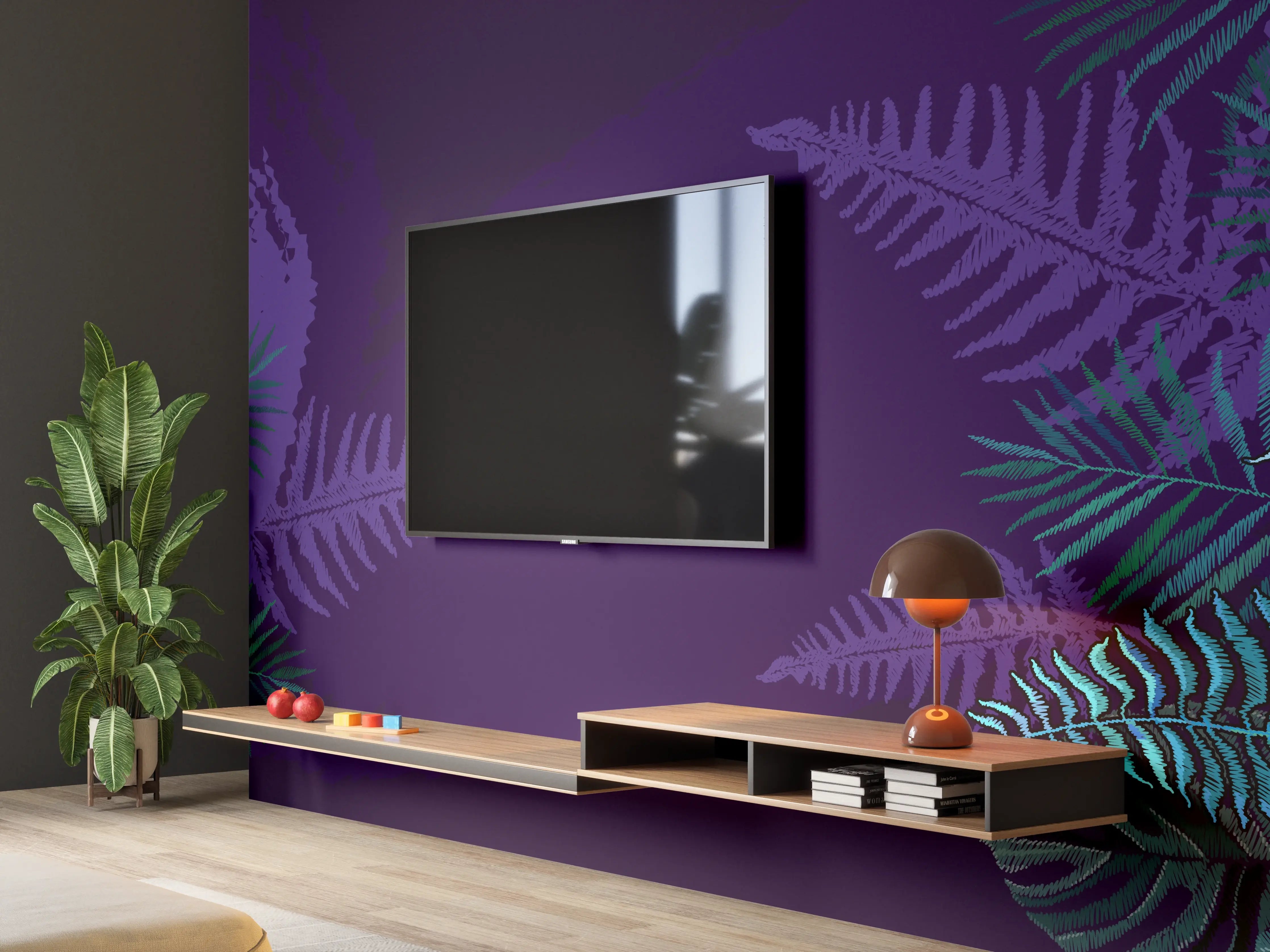 Wandverkleidung Wohnzimmer - Dinosaurier & Fossilien Dunkellila Muster