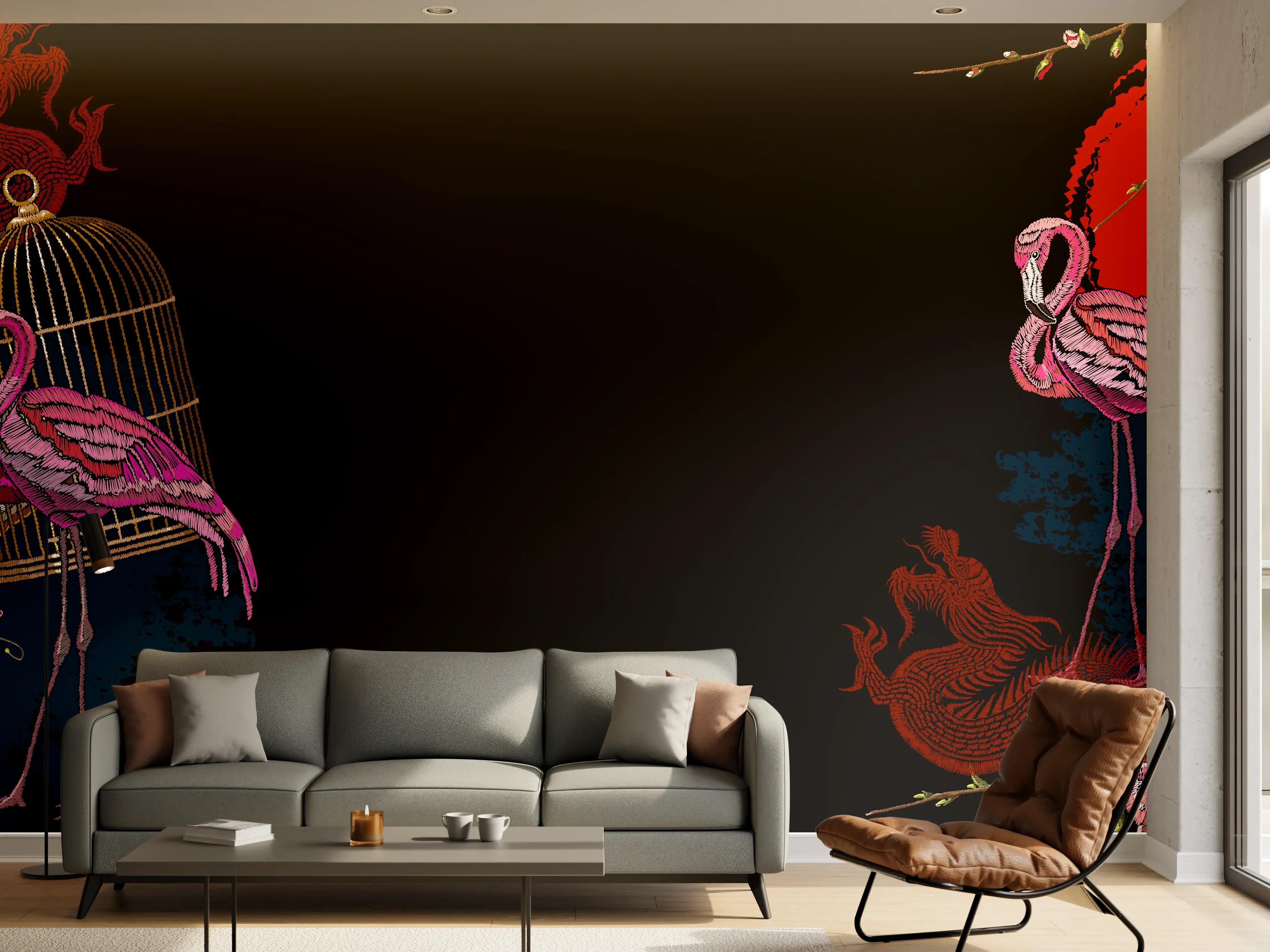 Wandverkleidung Wohnzimmer - Drachen & Flamigos - Stickmuster