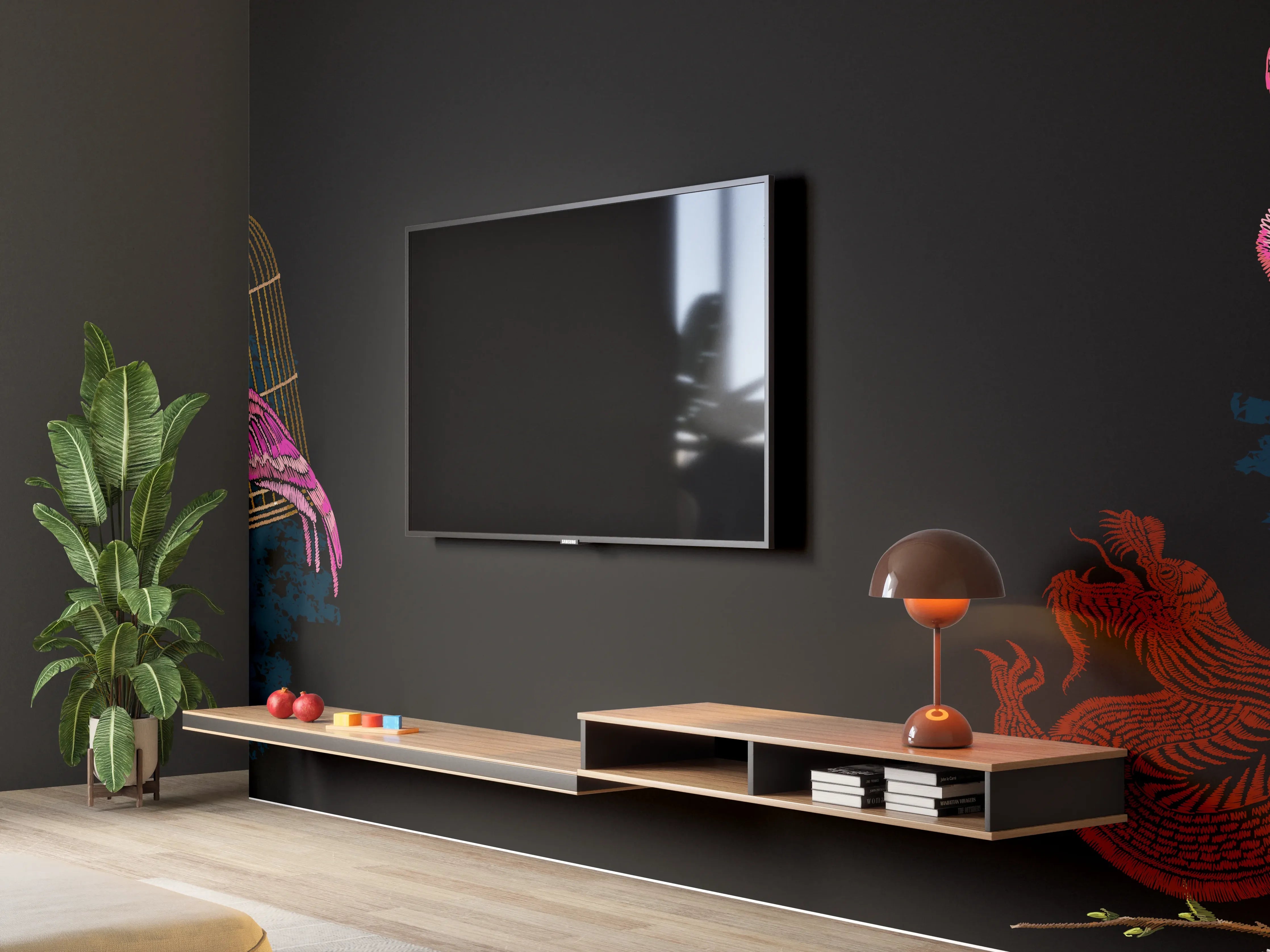 Wandverkleidung Wohnzimmer - Drachen & Flamigos - Stickmuster