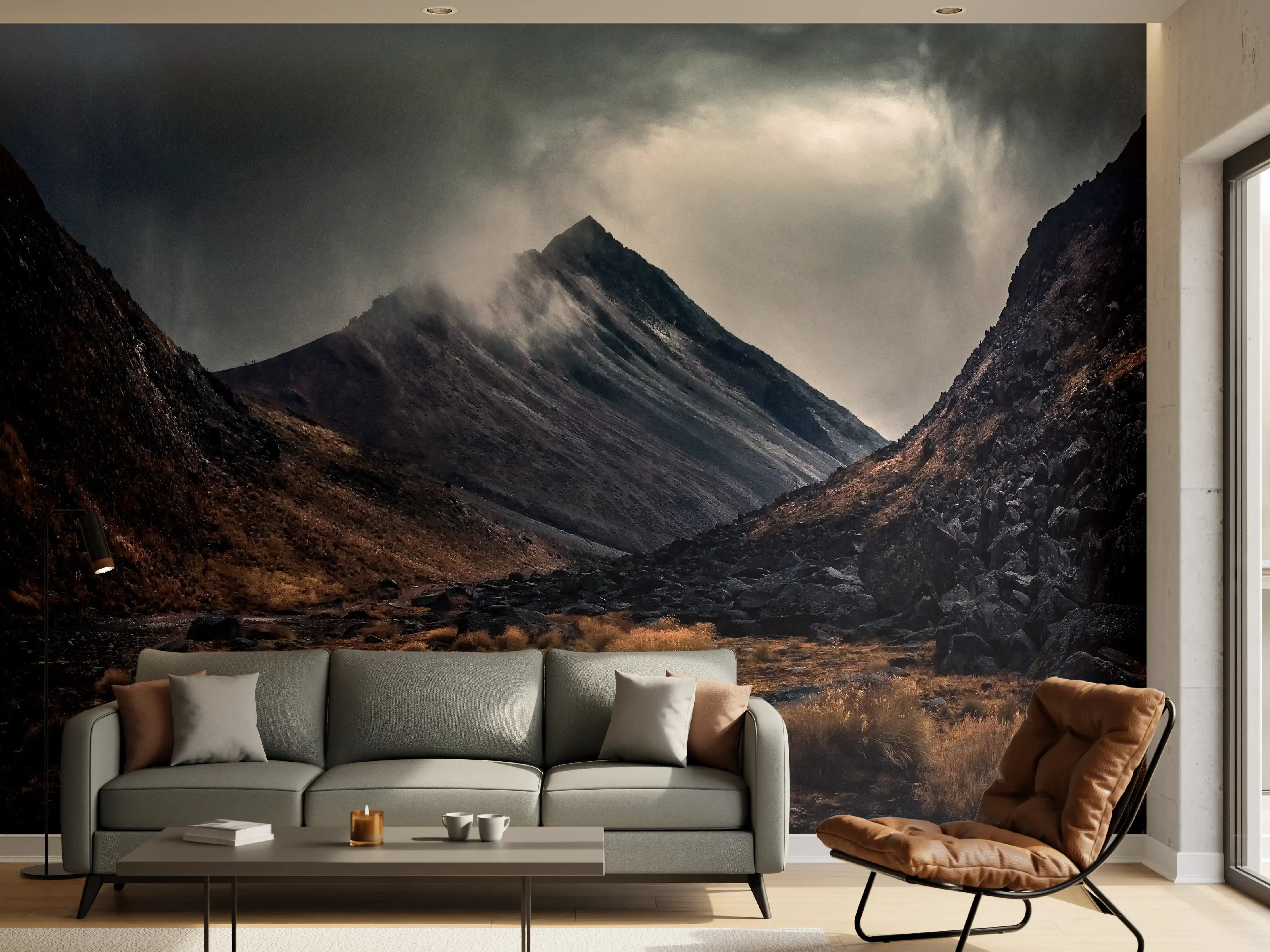 Wandverkleidung Wohnzimmer - Dramatische Berglandschaft bei Sturm