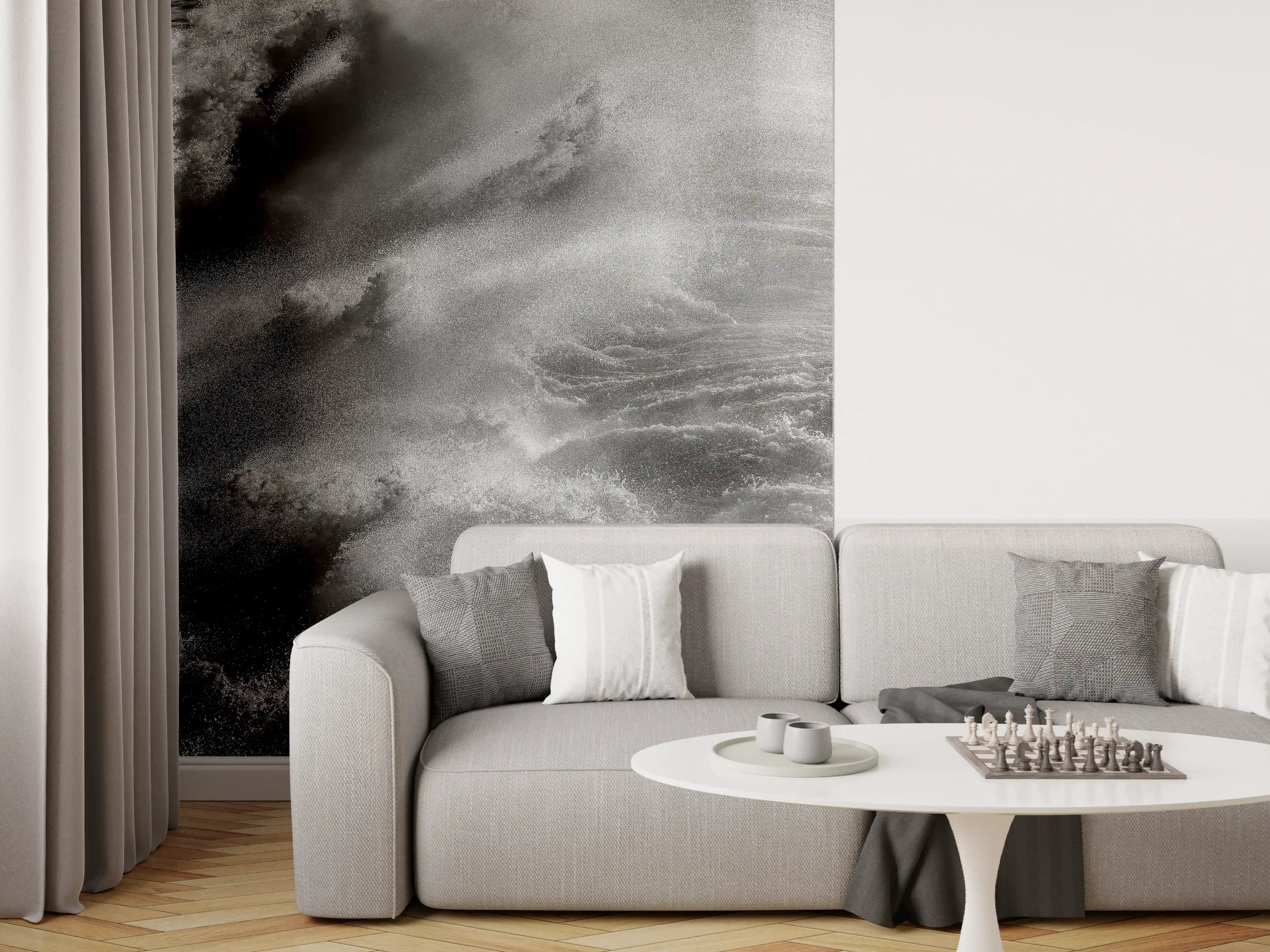 Wandverkleidung Wohnzimmer - Dramatische Meereswellen in Schwarz-Weiß