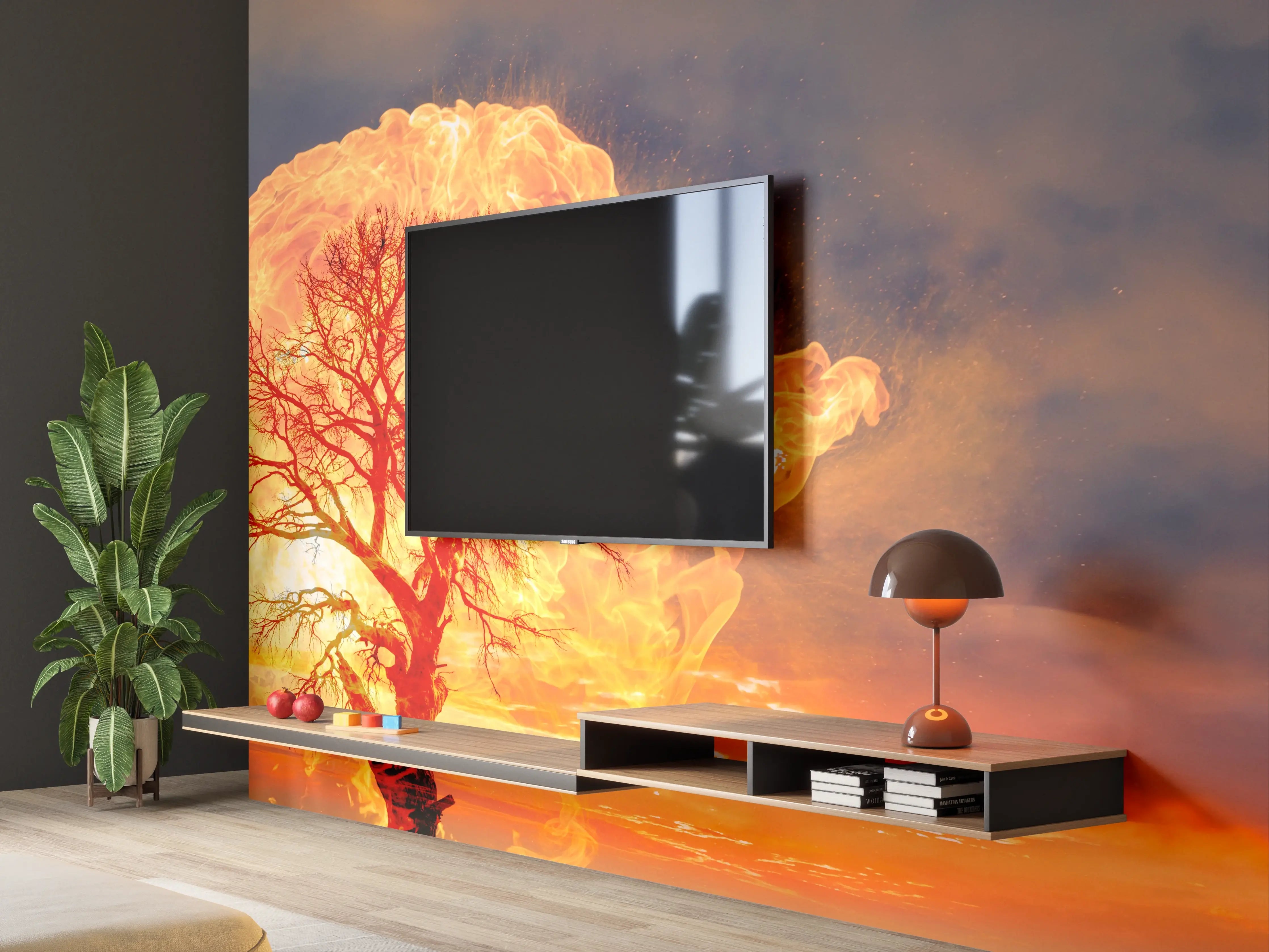 Wandverkleidung Wohnzimmer - Dramatischer Sonnenuntergang mit Baum und Wolken