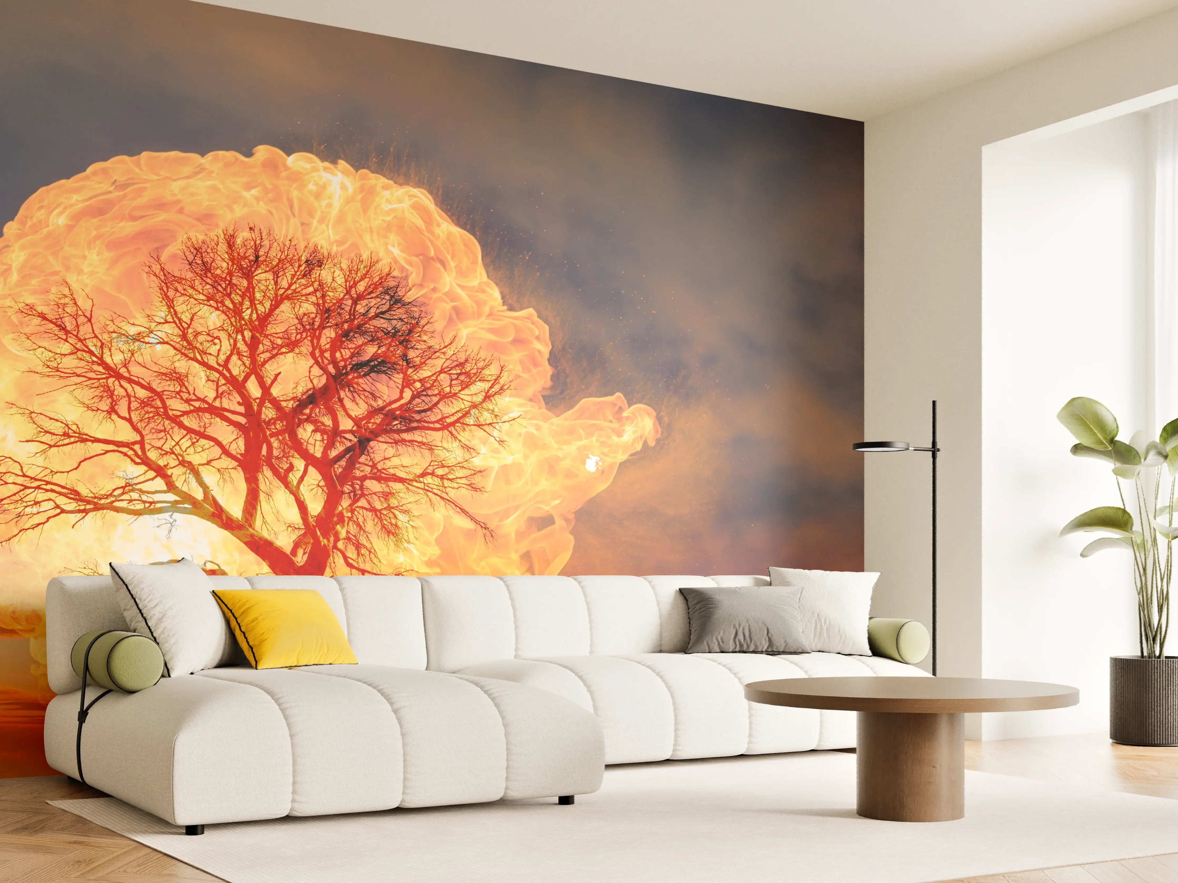 Wandverkleidung Wohnzimmer - Dramatischer Sonnenuntergang mit Baum und Wolken