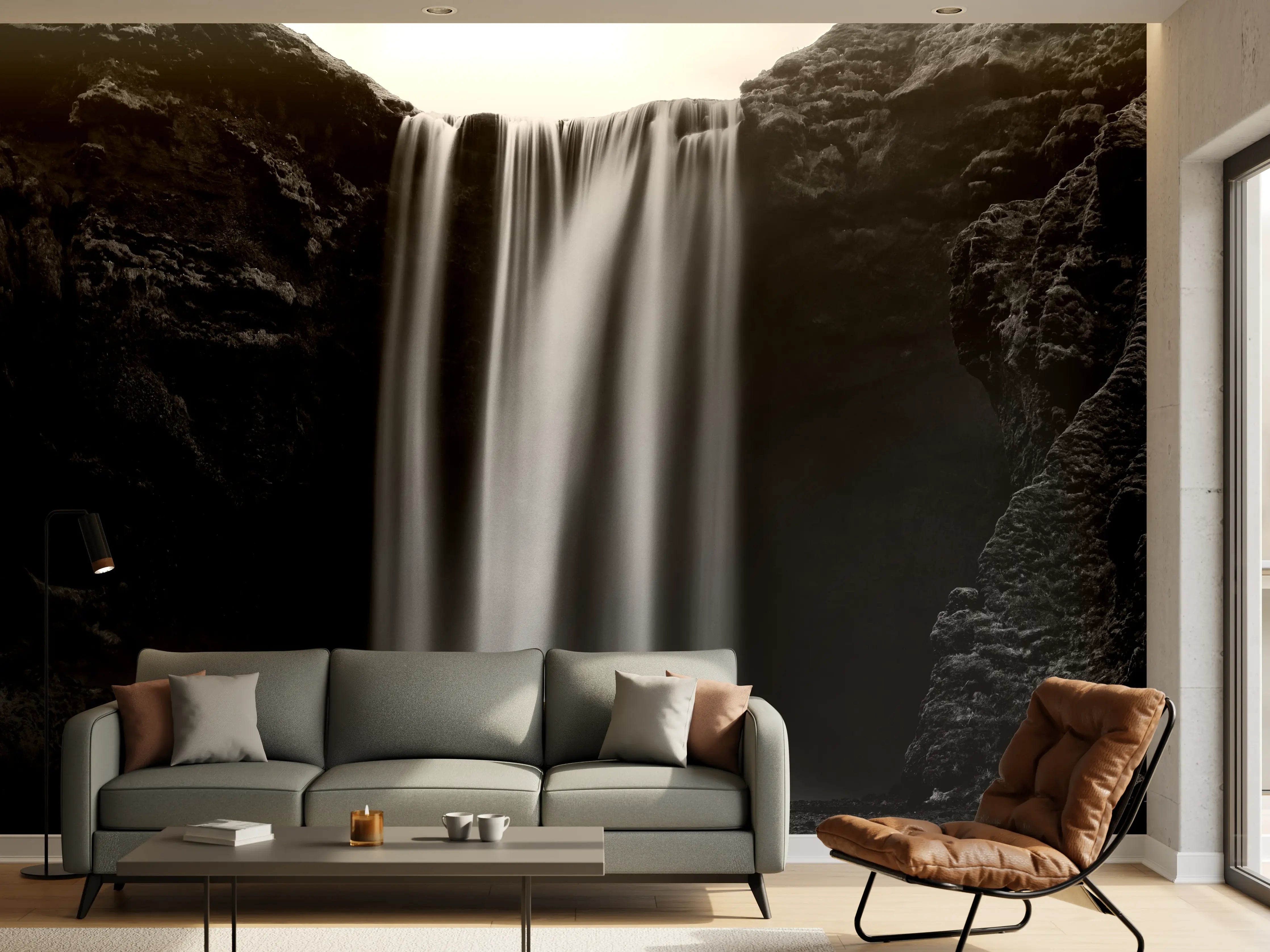 Wandverkleidung Wohnzimmer - Dramatischer Wasserfall in Schwarz-Weiß