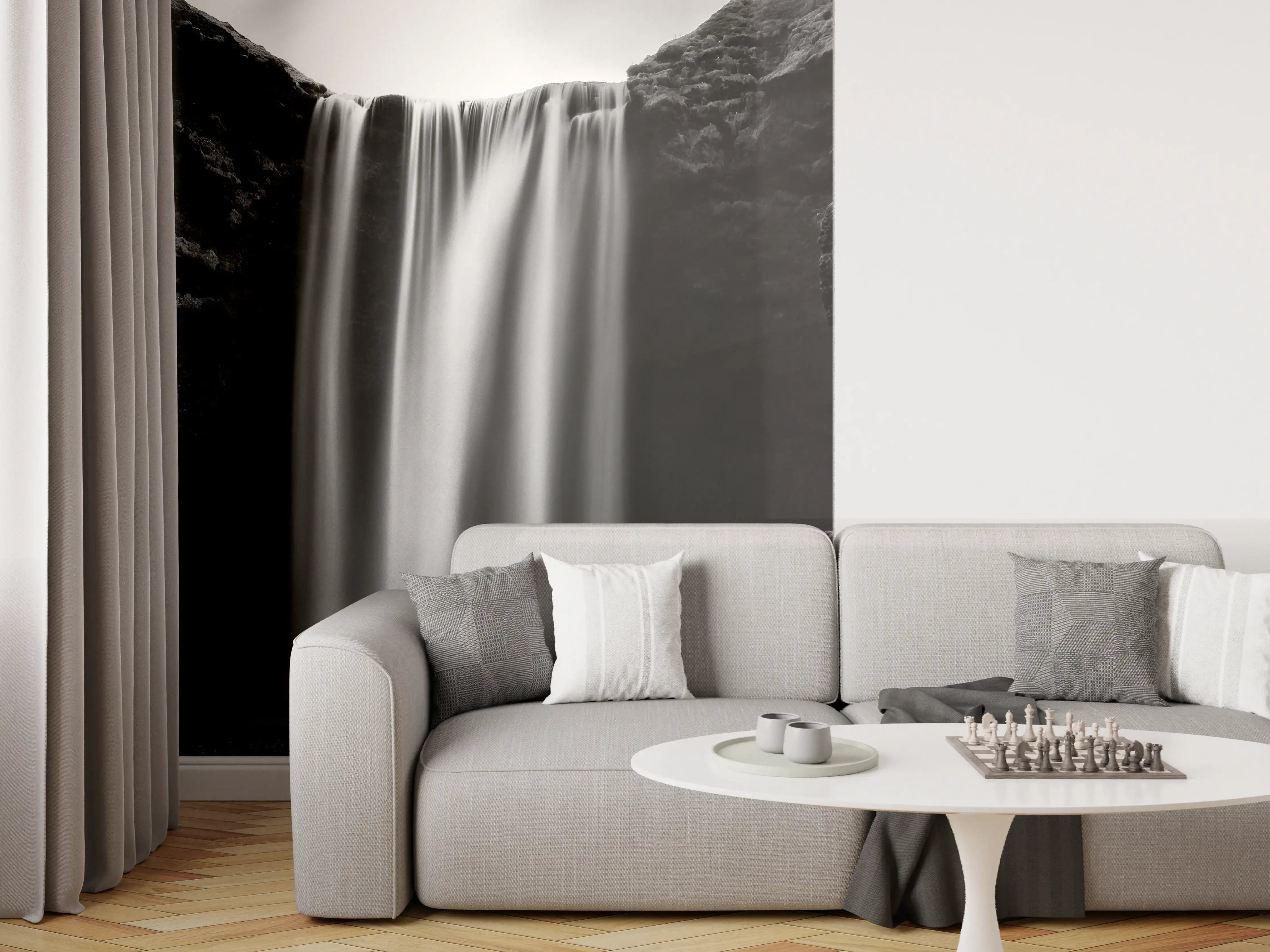 Wandverkleidung Wohnzimmer - Dramatischer Wasserfall in Schwarz-Weiß