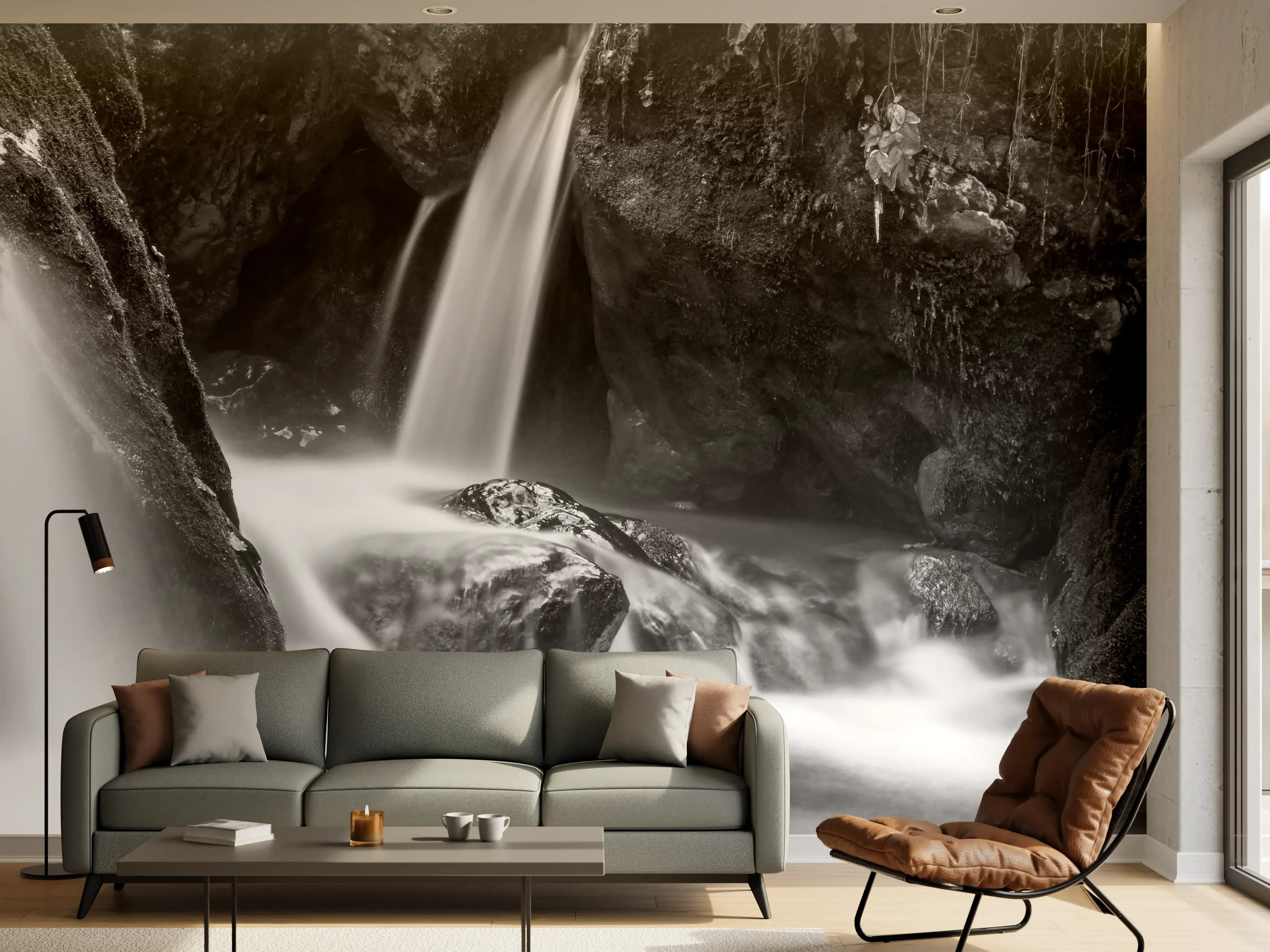 Wandverkleidung Wohnzimmer - Dramatischer Wasserfall in dunkler Naturkulisse