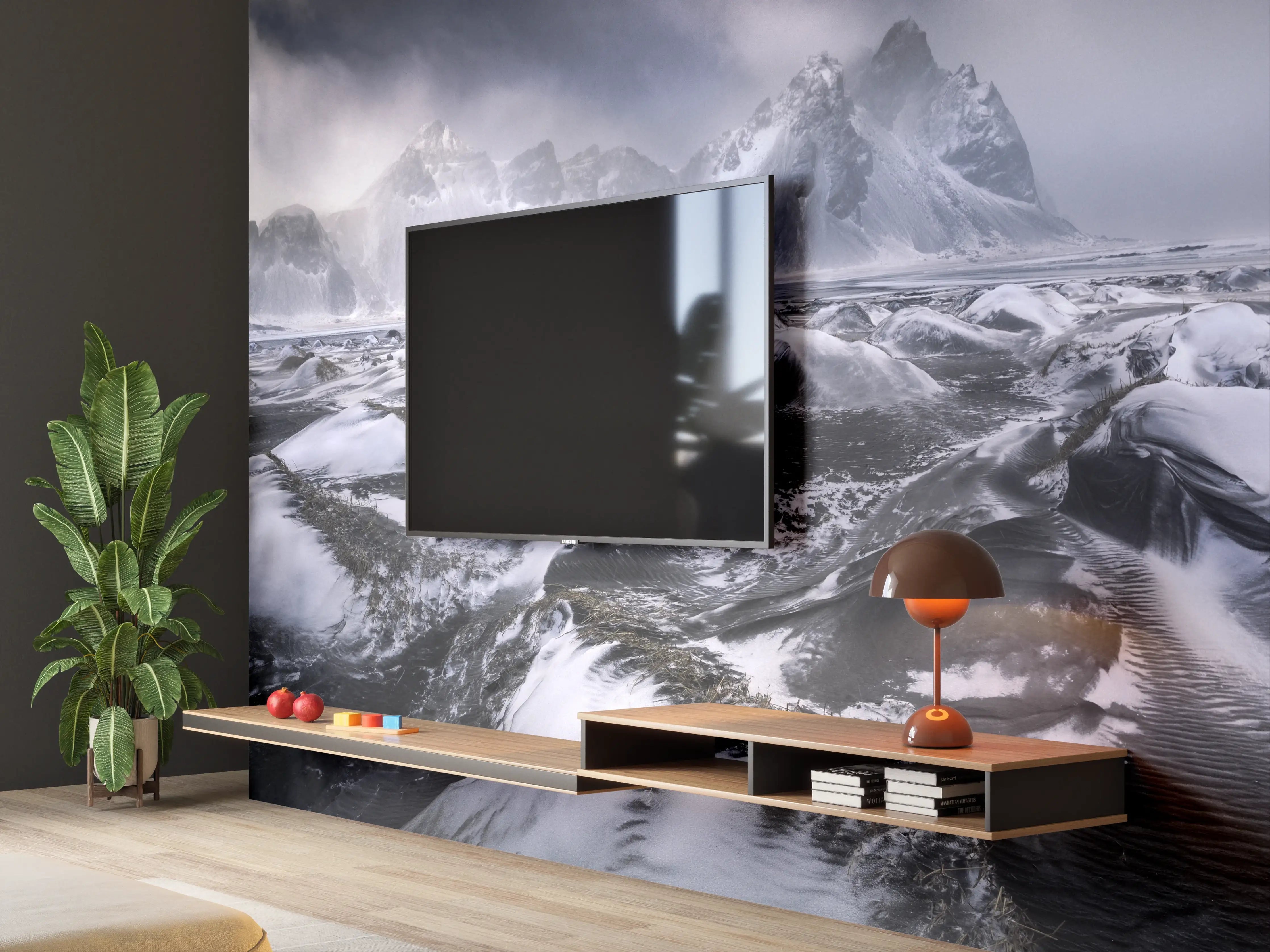 Wandverkleidung Wohnzimmer - Dramatisches Meeres- und Bergpanorama mit stürmischer Atmosphäre