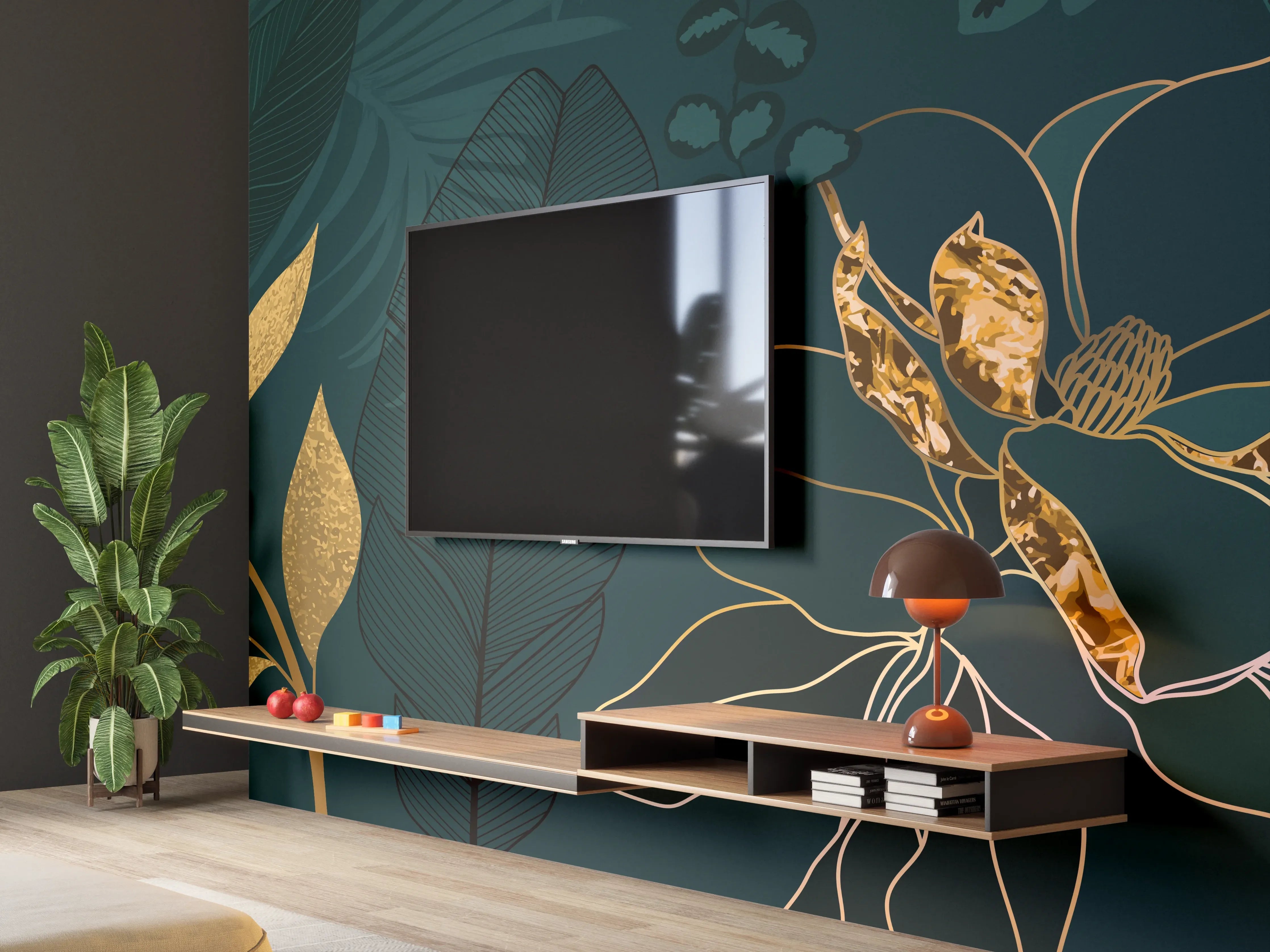 Wandverkleidung Wohnzimmer - Dschungel-Blatt-Gold-Linie