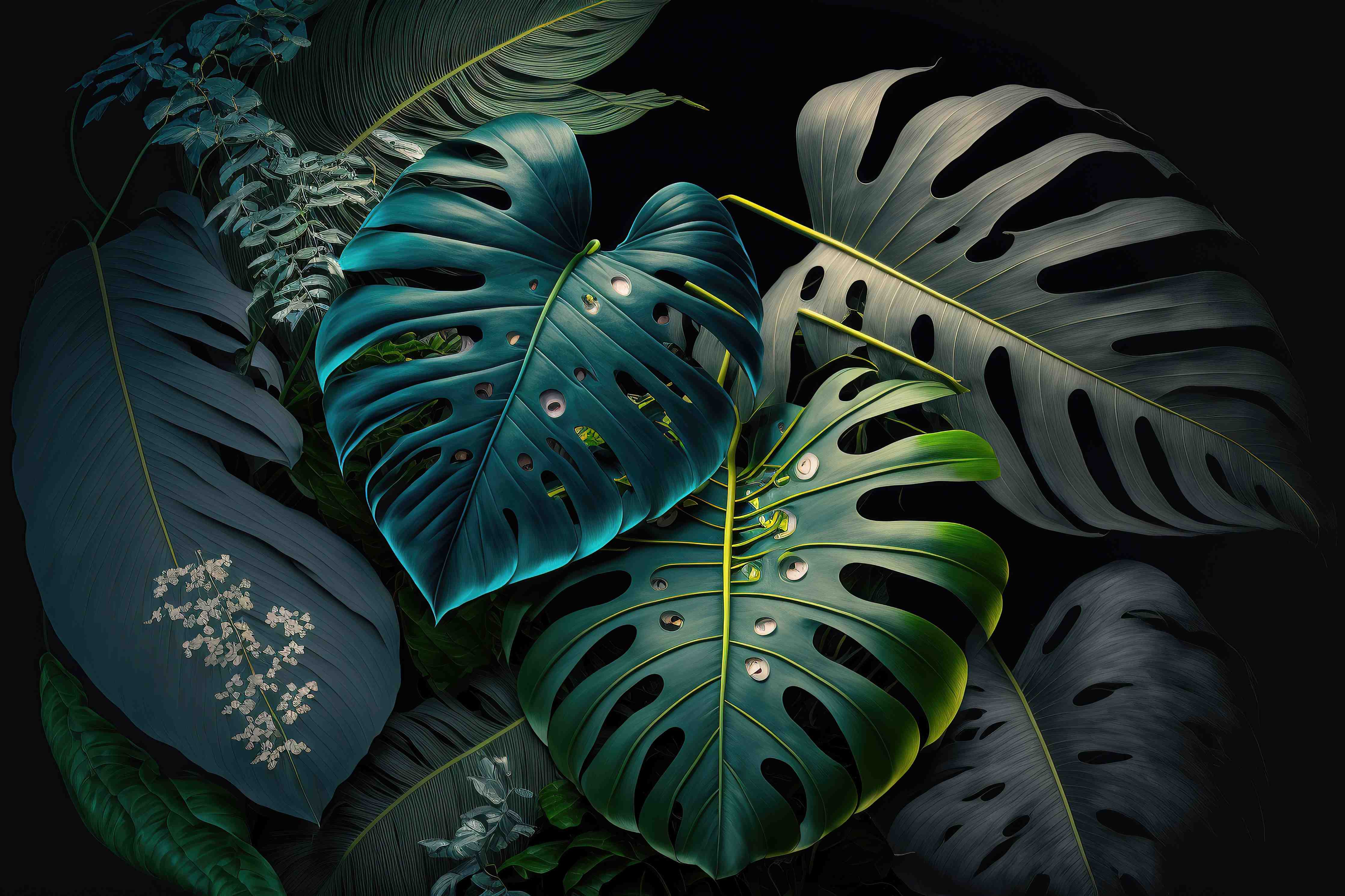 Wandverkleidung Wohnzimmer-Dschungel-Feeling: Monstera und exotische Blätter