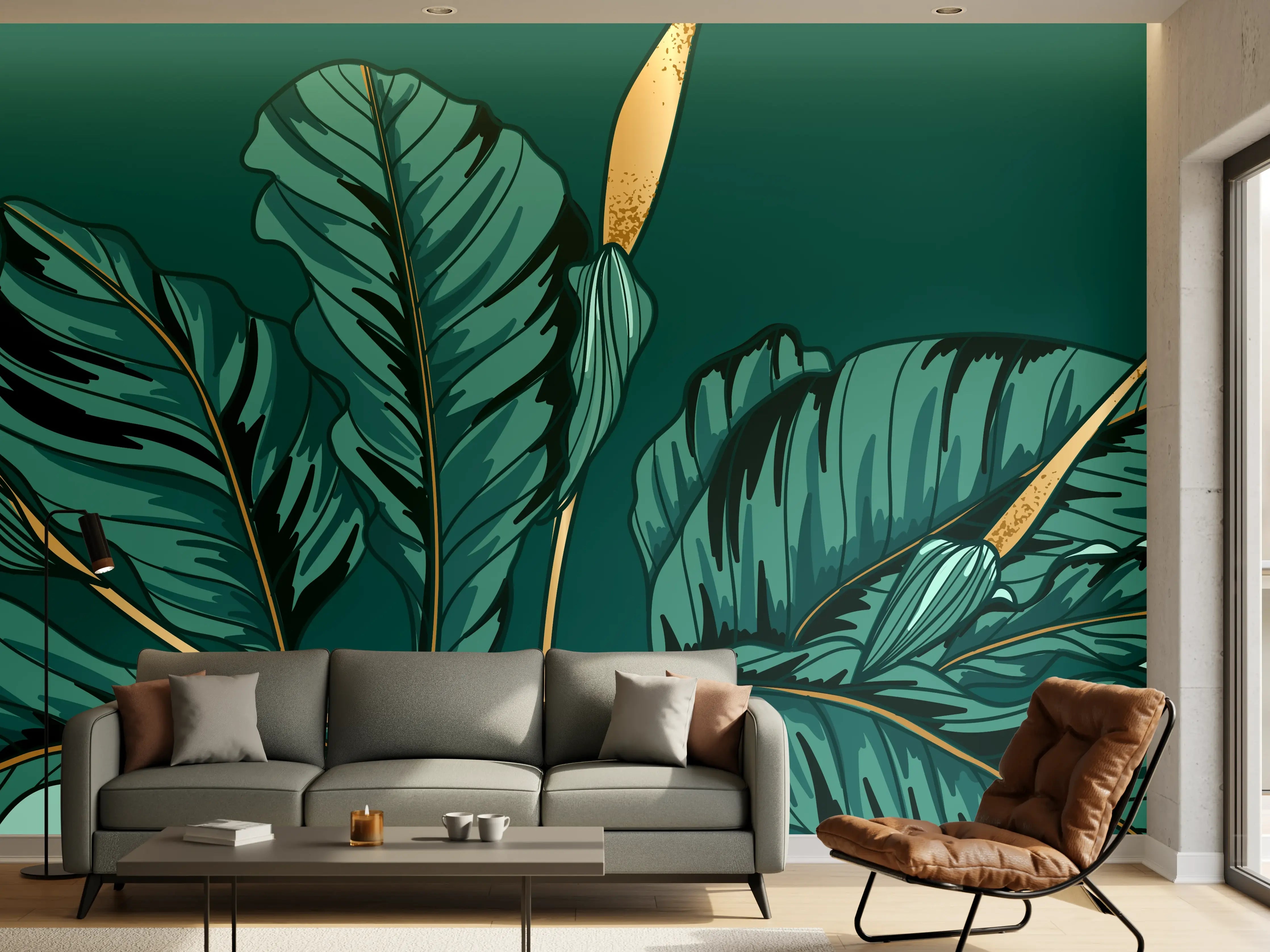 Wandverkleidung Wohnzimmer - Dschungel-Grün-Blatt-Design